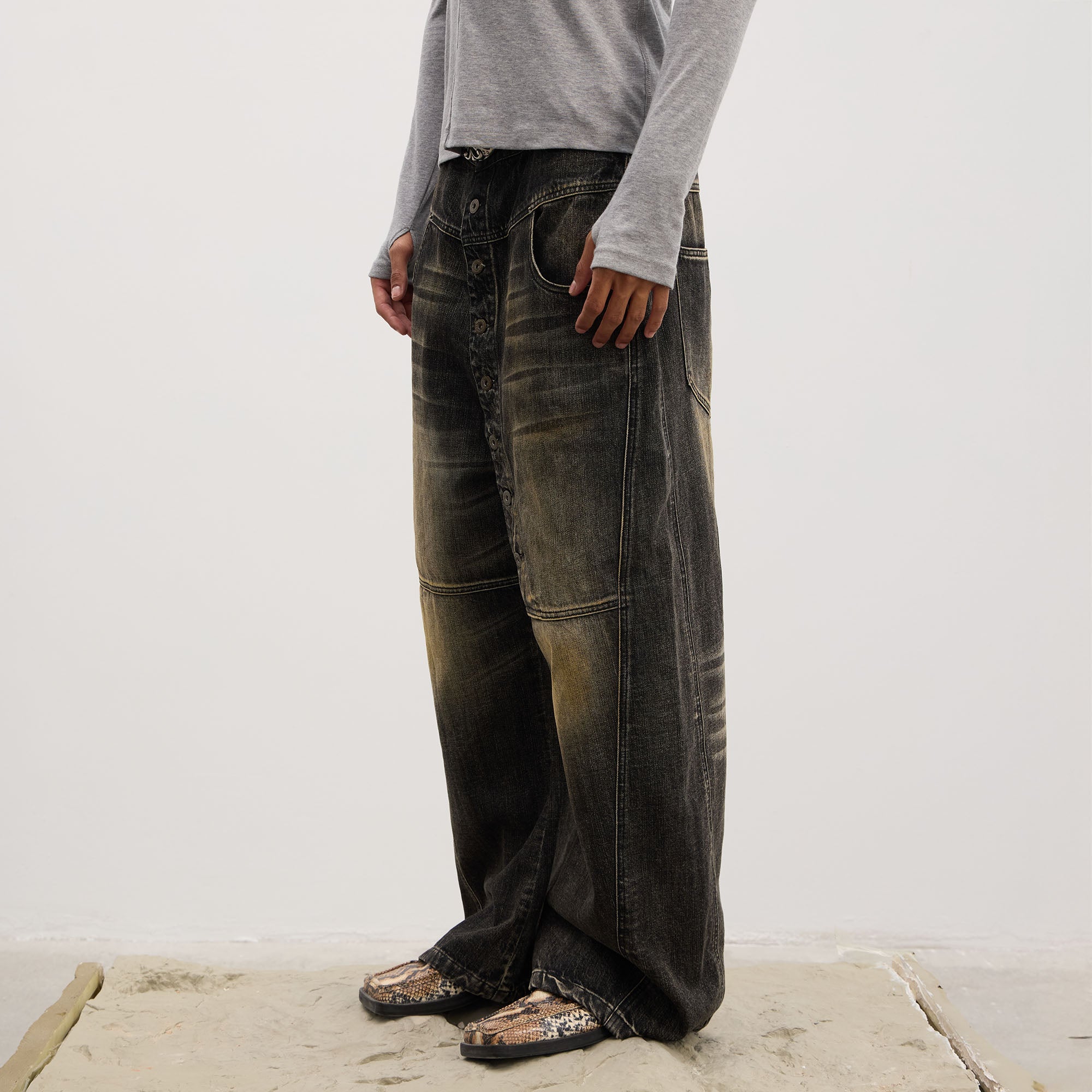 DND4DES Asymmetric Button-Fly Panel Washed Jeans-Jeans-XS-Blue-Free Shipping Leatheretro