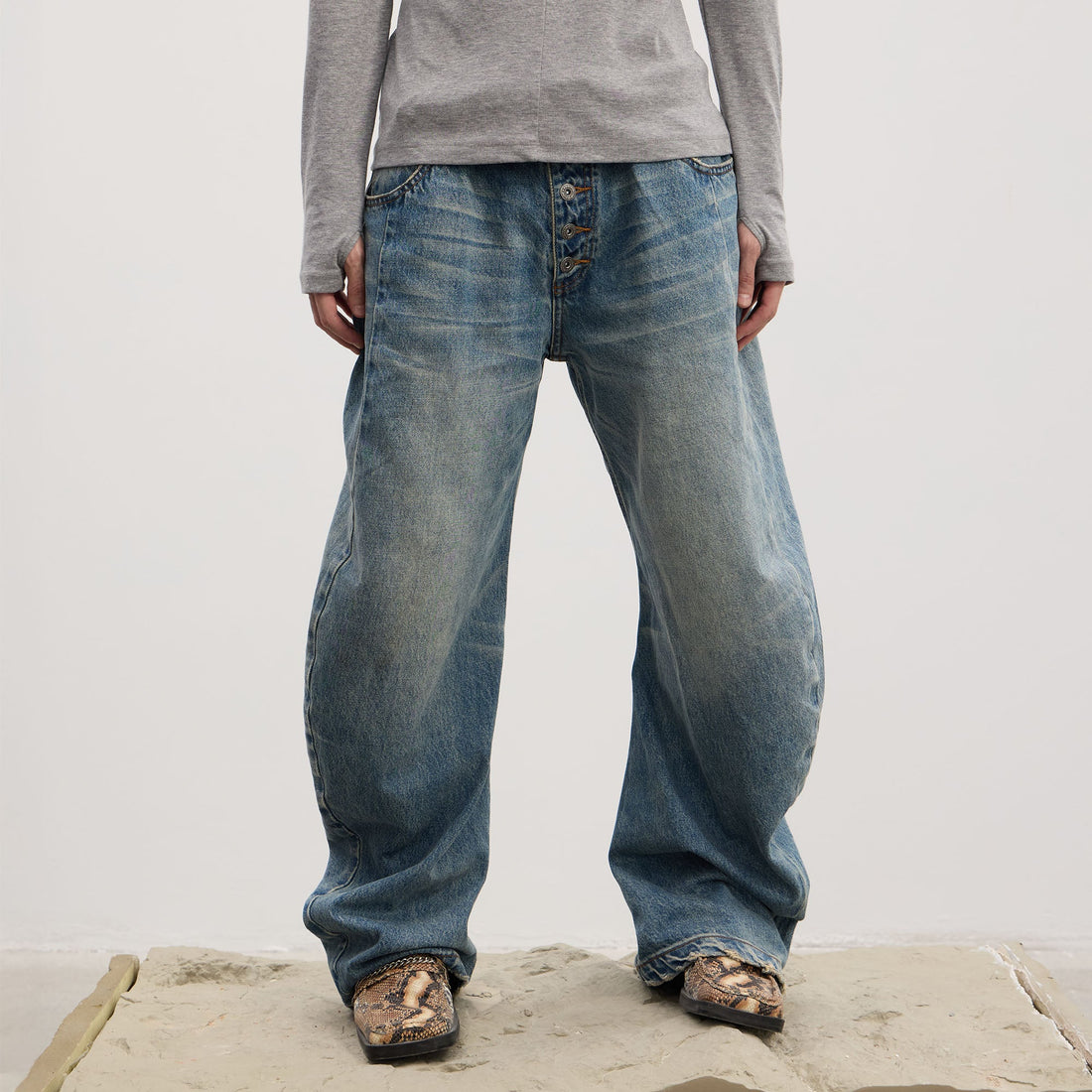 DND4DES Washed Button-Up Balloon-Leg Jeans-Jeans-S (Preorder)-Black-Free Shipping Leatheretro