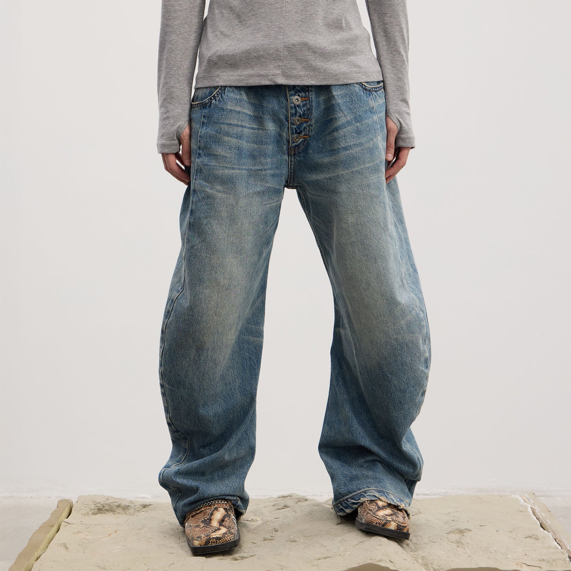 DND4DES Washed Button-Up Balloon-Leg Jeans-Jeans-S (Preorder)-Black-Free Shipping Leatheretro