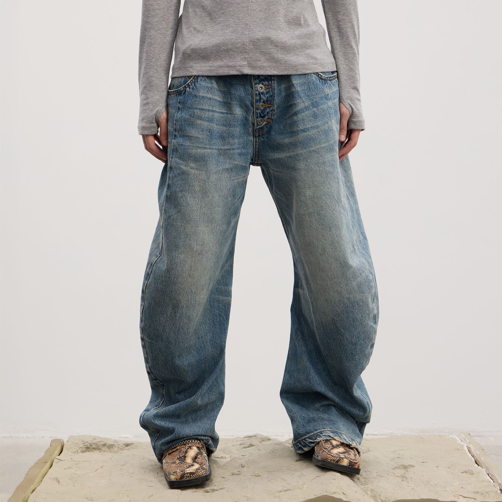 DND4DES Washed Button-Up Balloon-Leg Jeans-Jeans-S (Preorder)-Black-Free Shipping Leatheretro