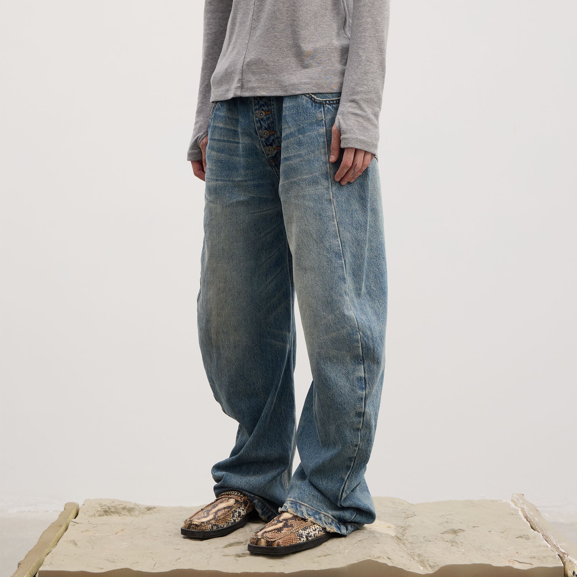 DND4DES Washed Button-Up Balloon-Leg Jeans-Jeans-S (Preorder)-Black-Free Shipping Leatheretro