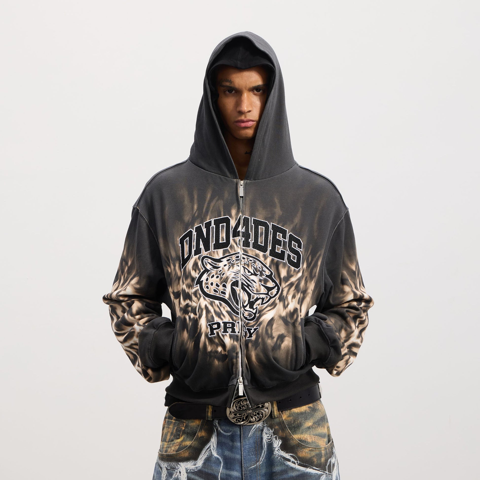 DND4DES Tiger Embroidered Zip-Up Hoodie-Jacket-S-Free Shipping Leatheretro