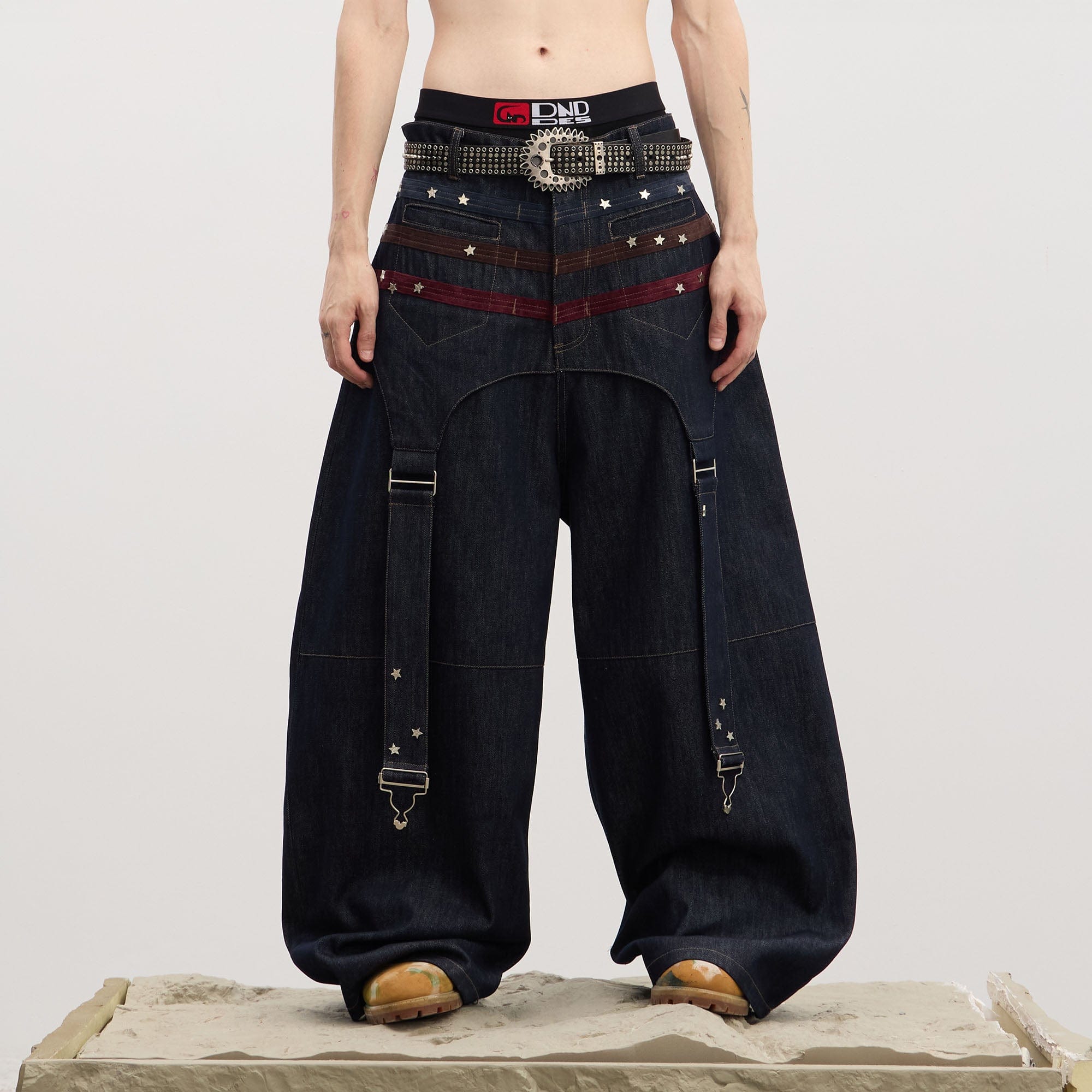 DND4DES Star-Rivet Harness-Layered Curved Jeans-Jeans-XS-Free Shipping Leatheretro