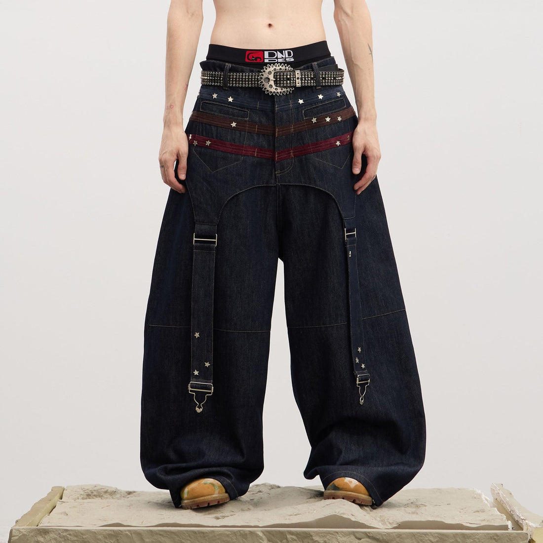 DND4DES Star-Rivet Harness-Layered Curved Jeans-Jeans-XS-Free Shipping Leatheretro