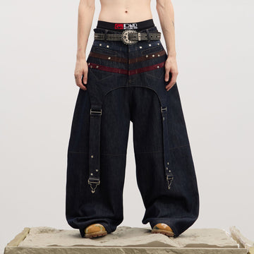 DND4DES Star-Rivet Harness-Layered Curved Jeans-Jeans-XS-Free Shipping Leatheretro