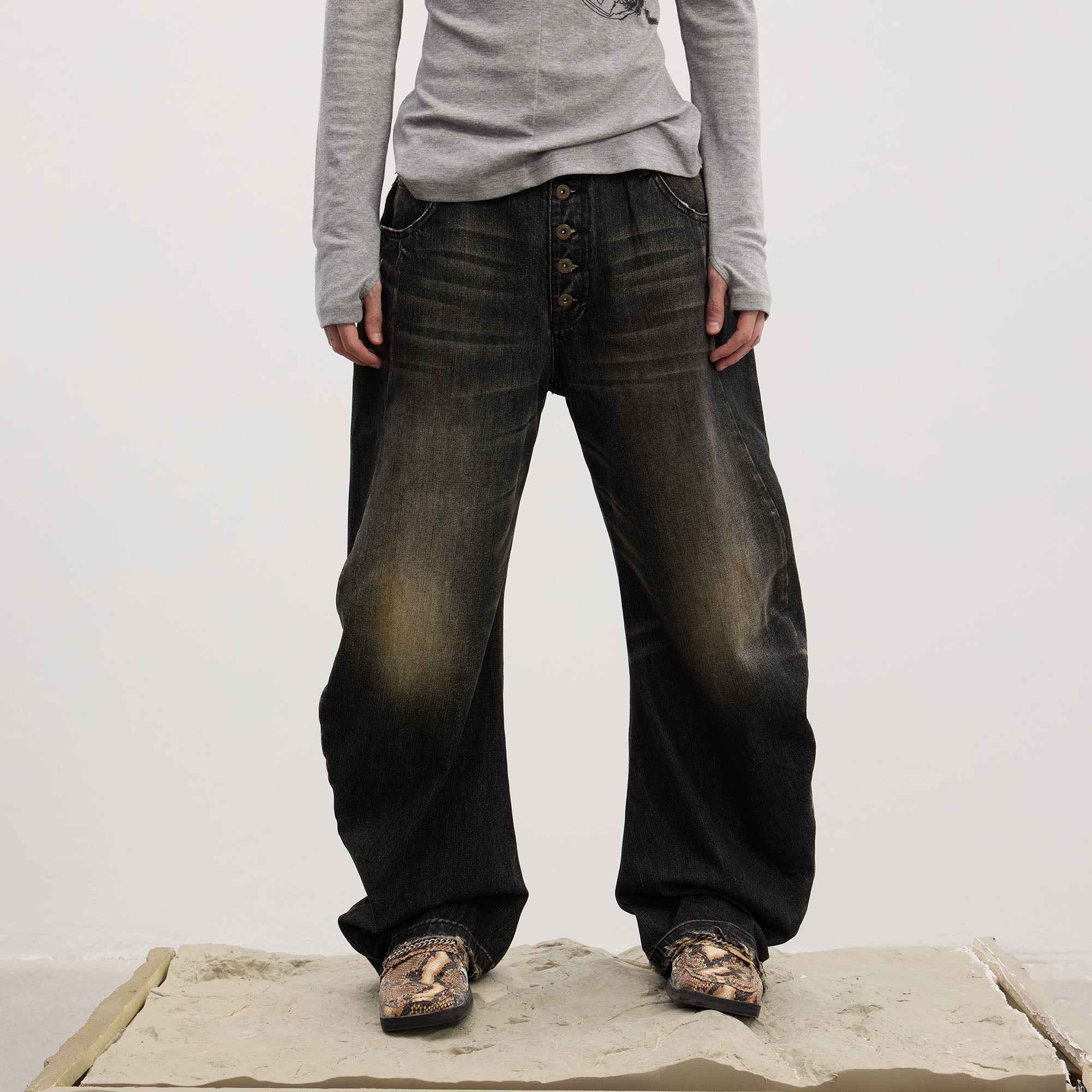 DND4DES Washed Button-Up Balloon-Leg Jeans-Jeans-S (Preorder)-Black-Free Shipping Leatheretro