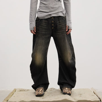 DND4DES Washed Button-Up Balloon-Leg Jeans-Jeans-S (Preorder)-Black-Free Shipping Leatheretro