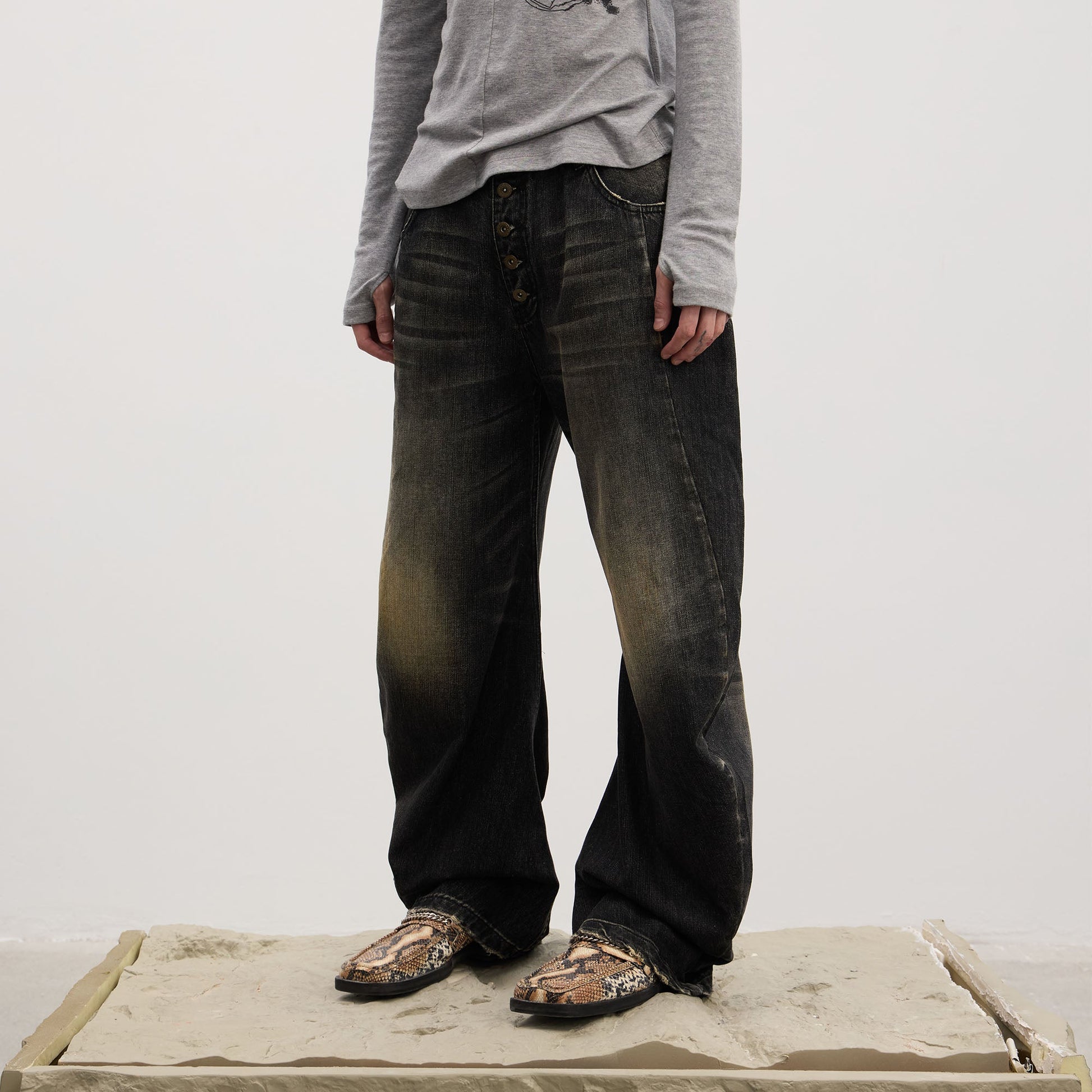 DND4DES Washed Button-Up Balloon-Leg Jeans-Jeans-S (Preorder)-Black-Free Shipping Leatheretro