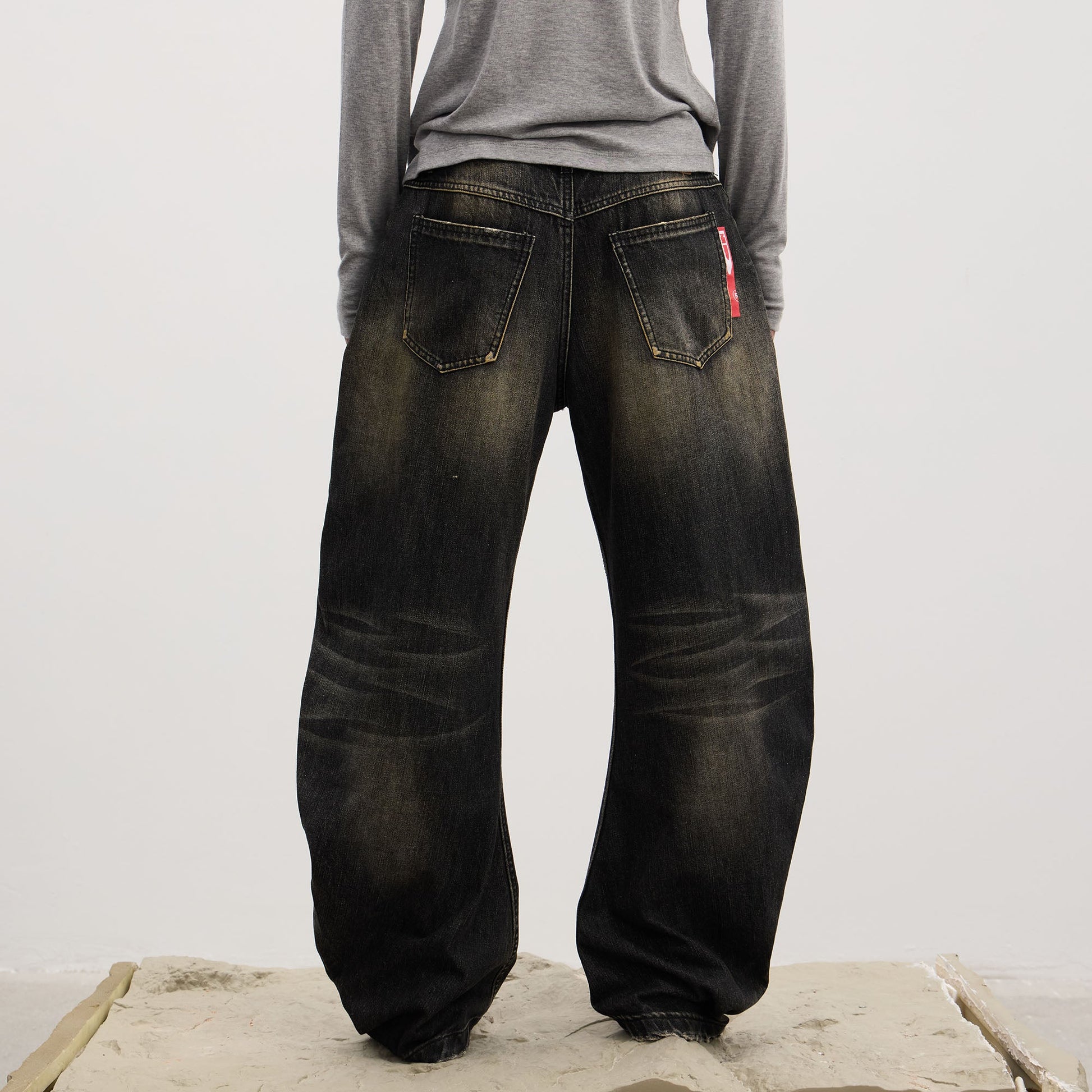 DND4DES Washed Button-Up Balloon-Leg Jeans-Jeans-S (Preorder)-Black-Free Shipping Leatheretro