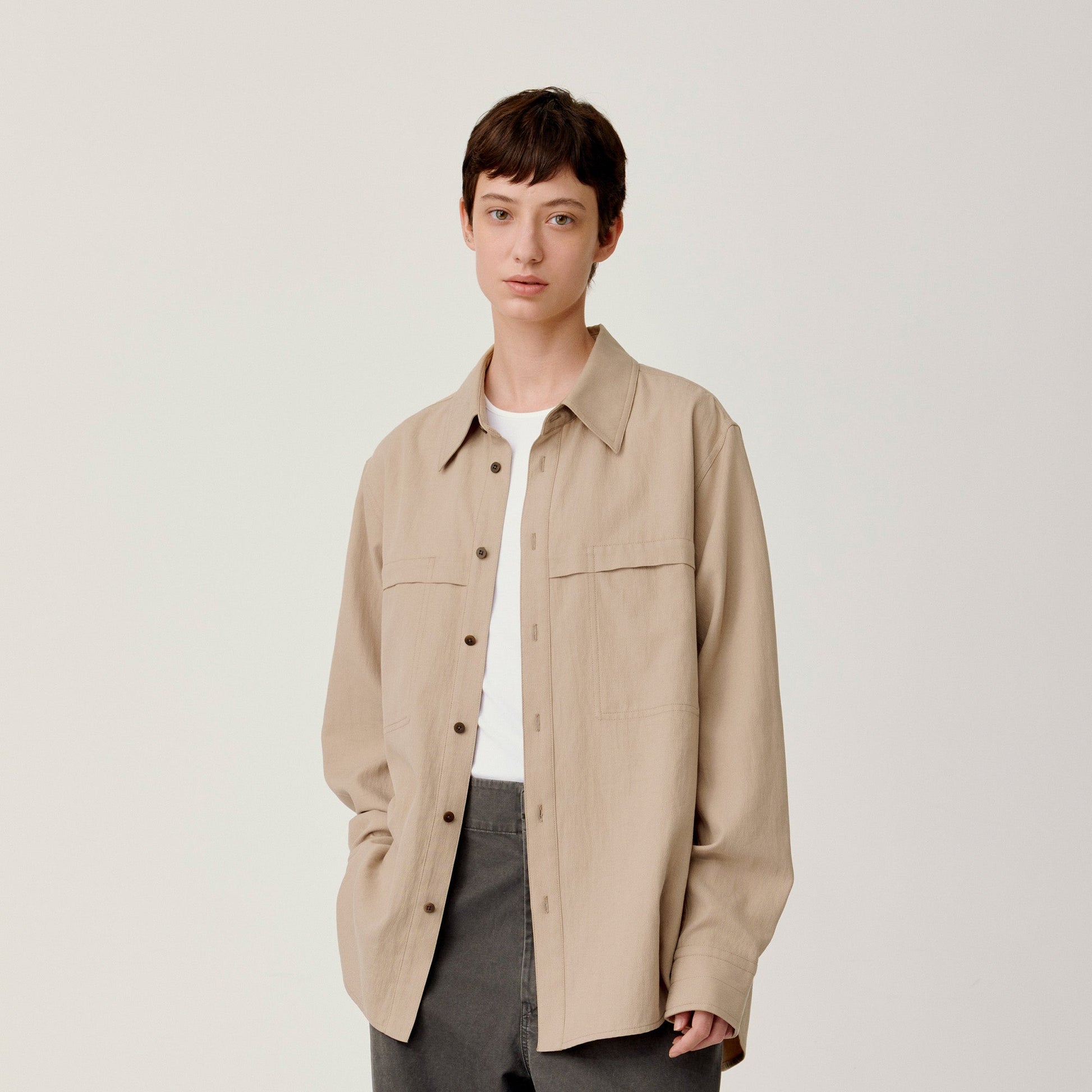 OPICLOTH Minimal Stitch Tencel-Blend Shirt-Shirt-S-Khaki-Free Shipping Leatheretro