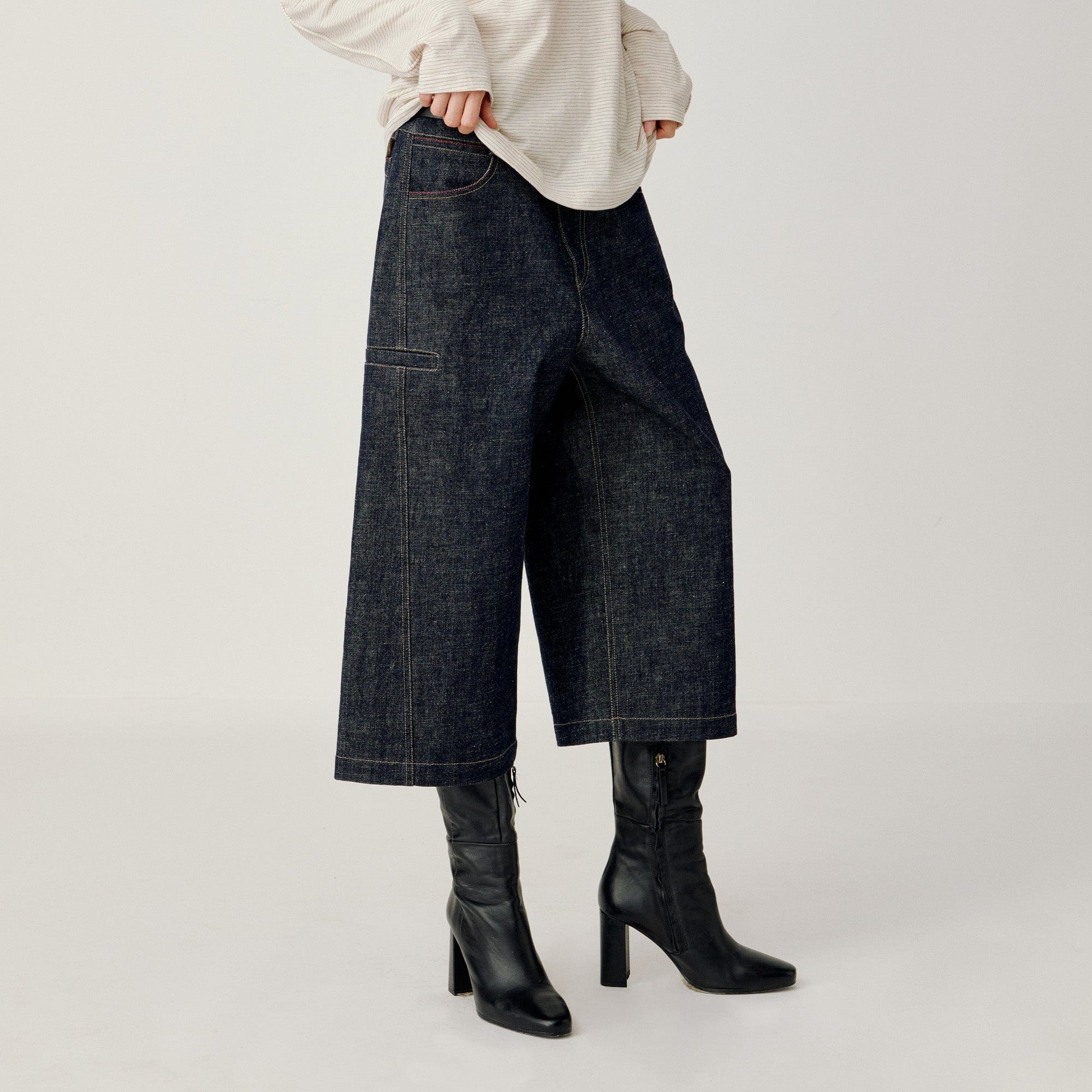 OPICLOTH Essential Stitched Cropped Raw Jeans-Jeans-XS-Free Shipping Leatheretro