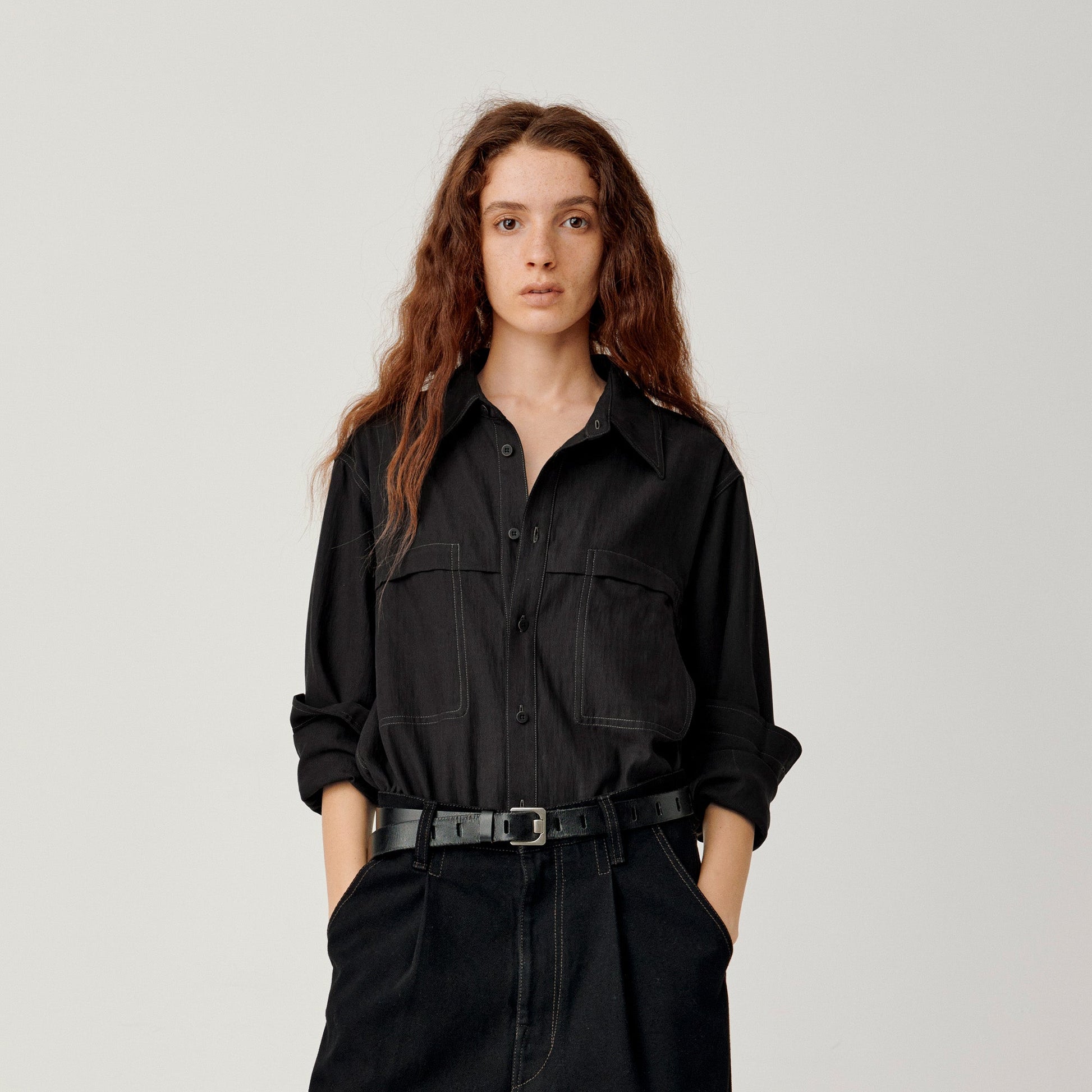 OPICLOTH Minimal Stitch Tencel-Blend Shirt-Shirt-S-Black-Free Shipping Leatheretro