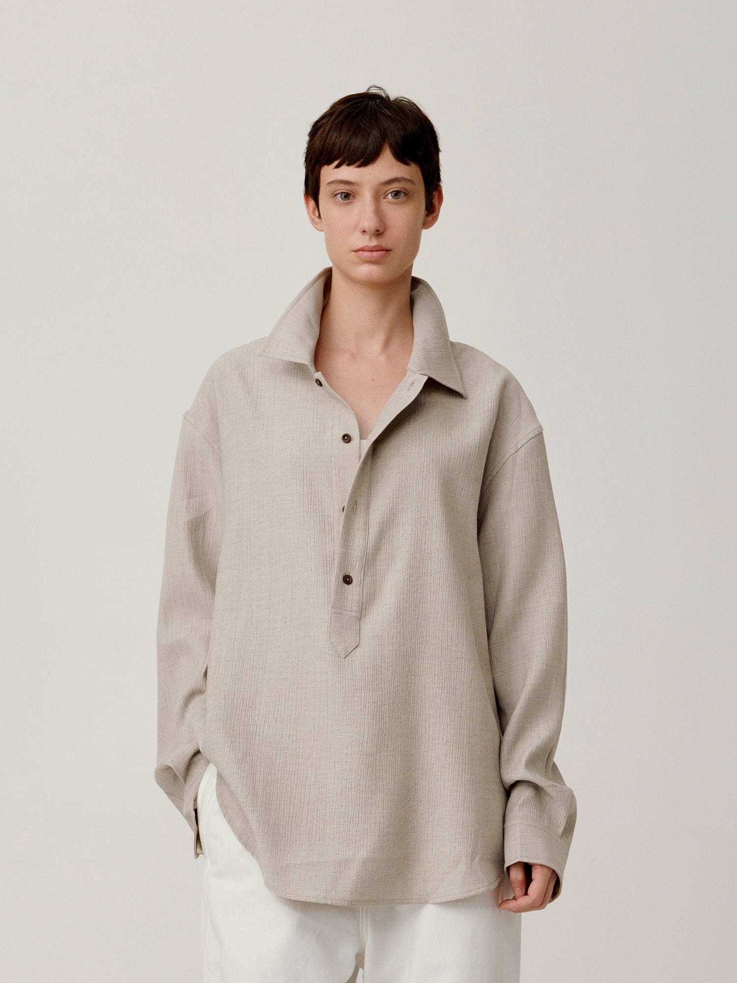 OPICLOTH Essential Crinkled Pullover-Shirt-S-Beige-Free Shipping Leatheretro