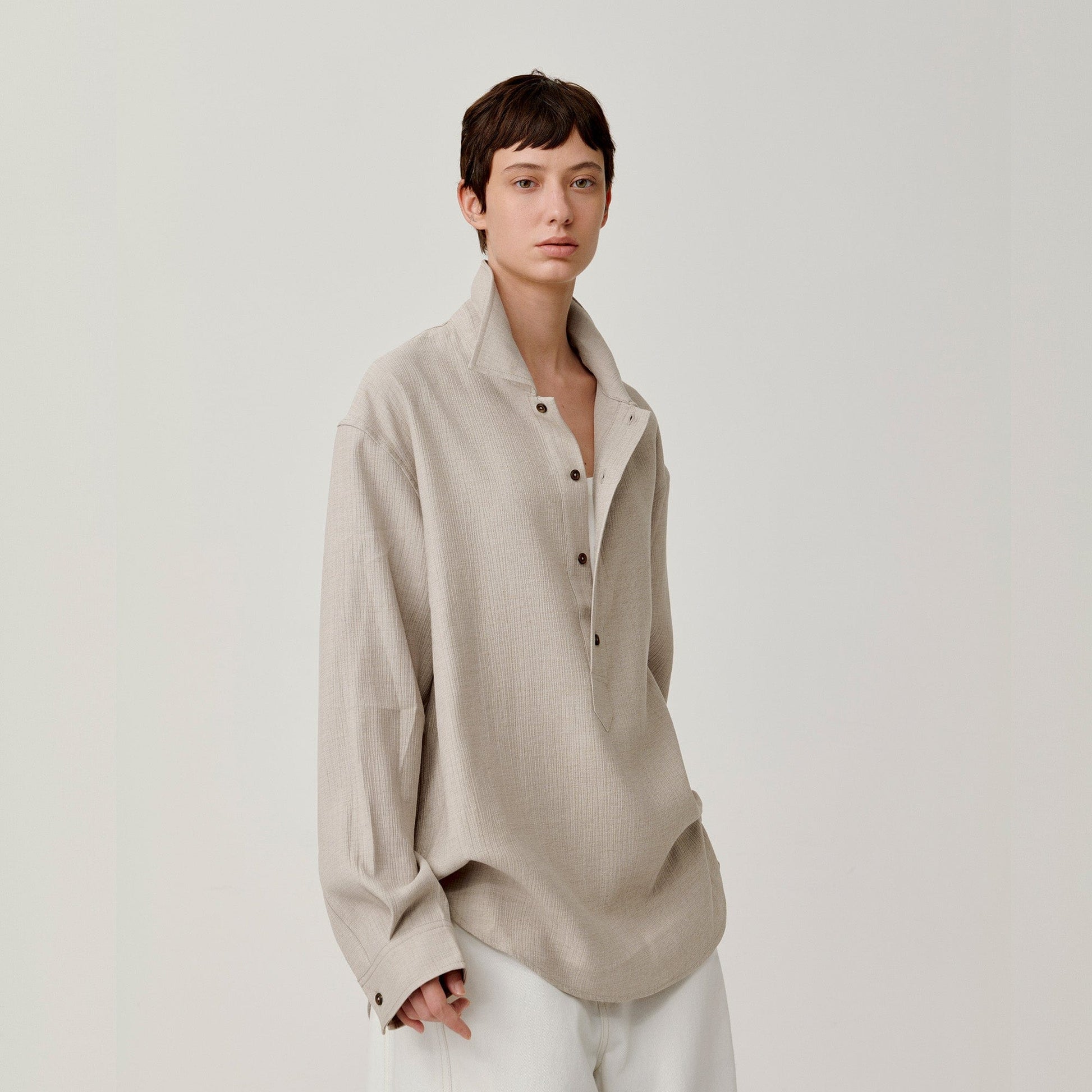 OPICLOTH Essential Crinkled Pullover-Shirt-S-Beige-Free Shipping Leatheretro