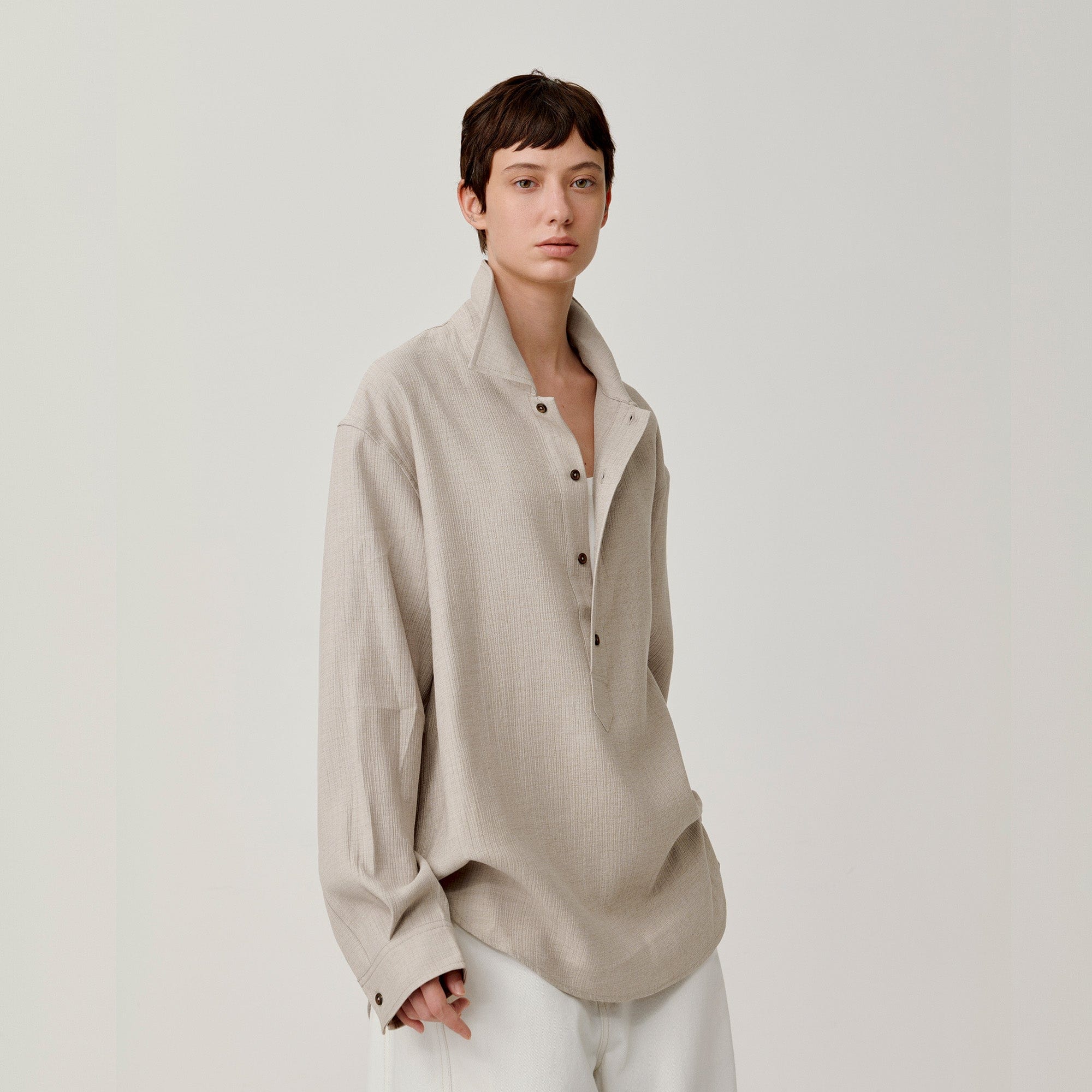 OPICLOTH Essential Crinkled Pullover-Shirt-S-Beige-Free Shipping Leatheretro