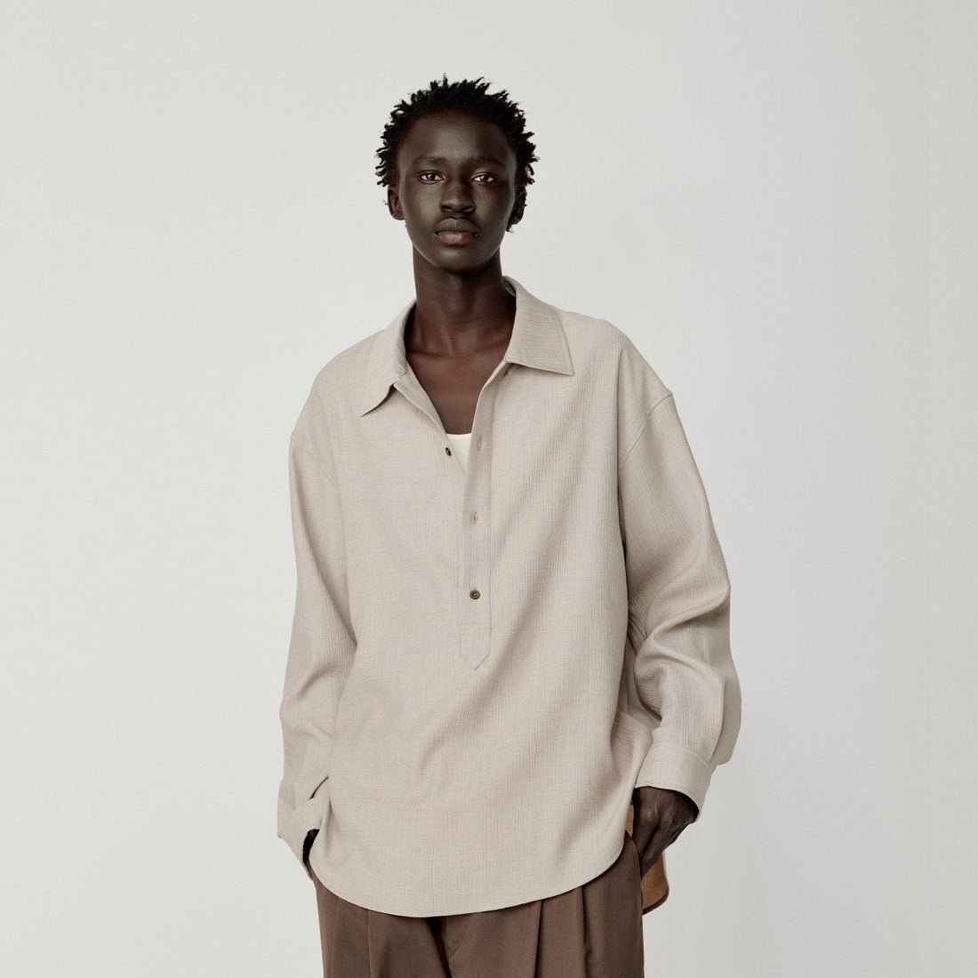 OPICLOTH Essential Crinkled Pullover-Shirt-S-Beige-Free Shipping Leatheretro