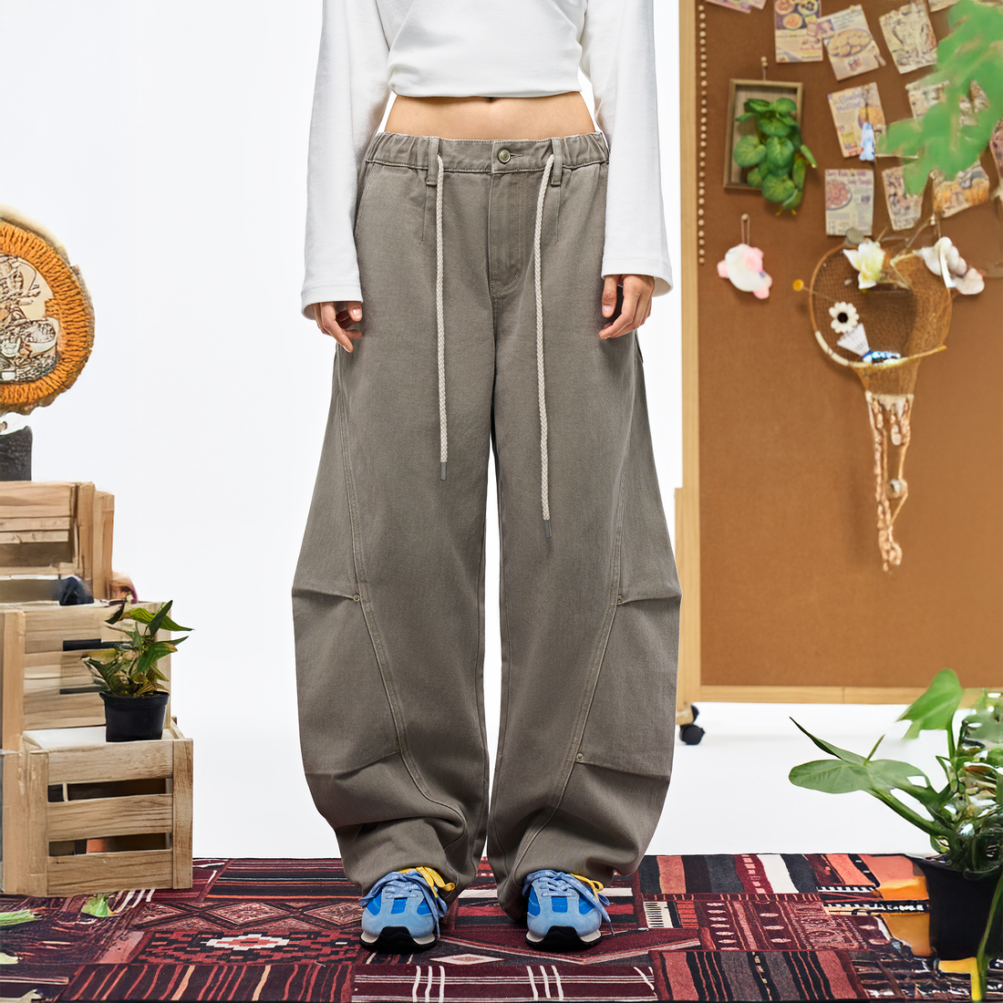 OVERLAPS Washed Drawstring Barrel-Leg Utility Pants-Pants-S-Free Shipping Leatheretro