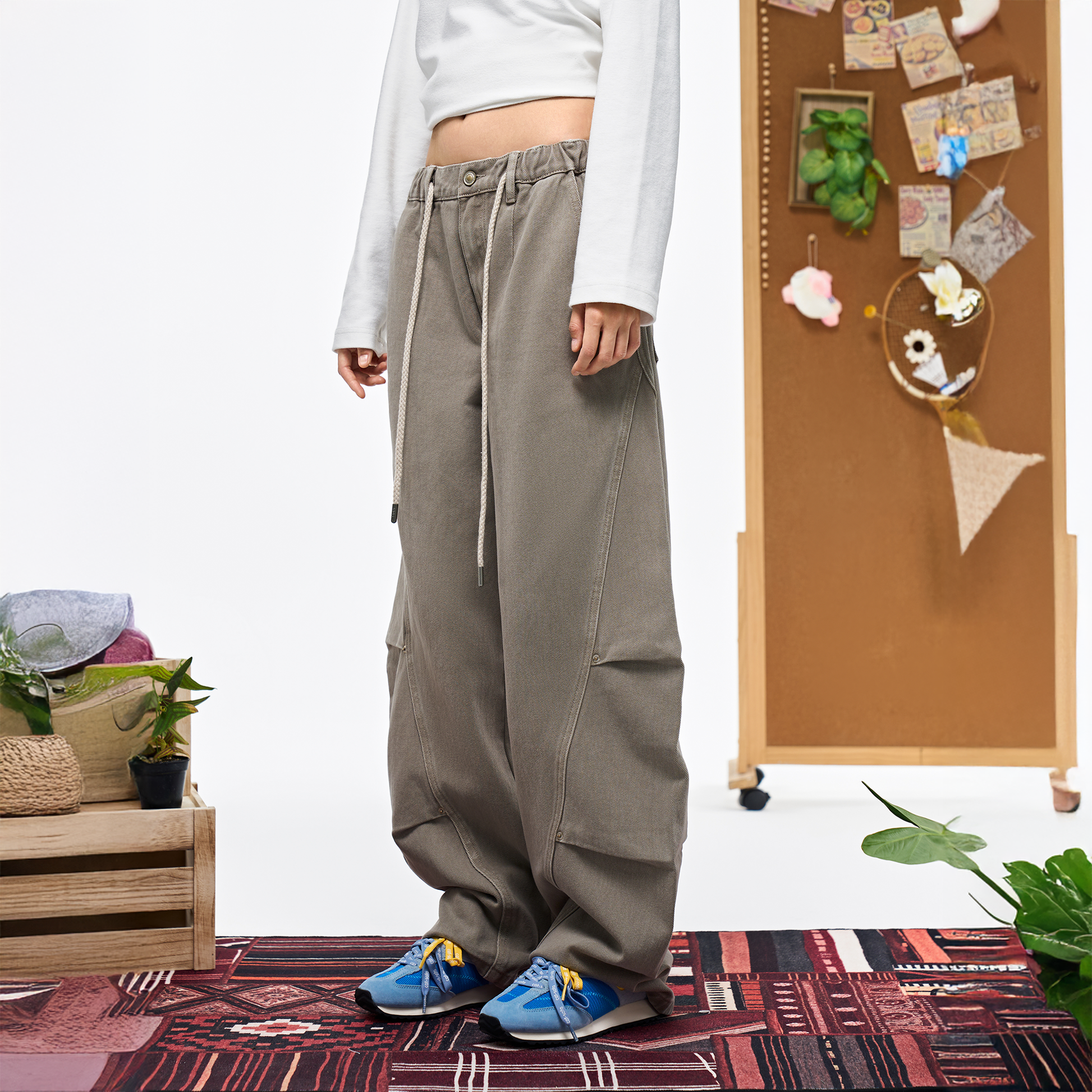 OVERLAPS Washed Drawstring Barrel-Leg Utility Pants-Pants-S-Free Shipping Leatheretro