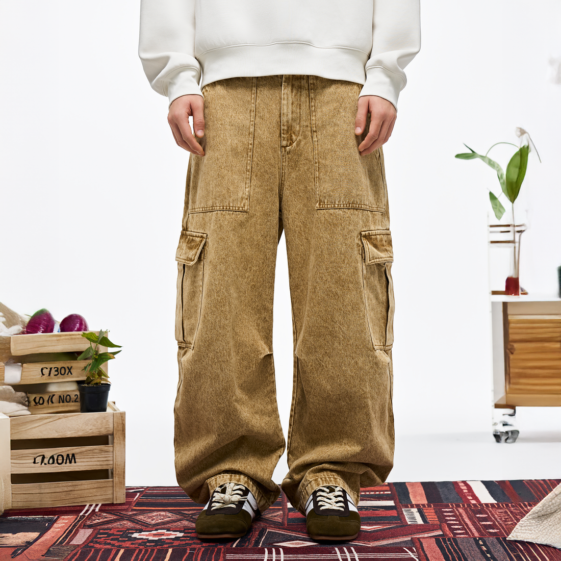 OVERLAPS Washed Utility Cargo Trousers-Pants-S-Free Shipping Leatheretro