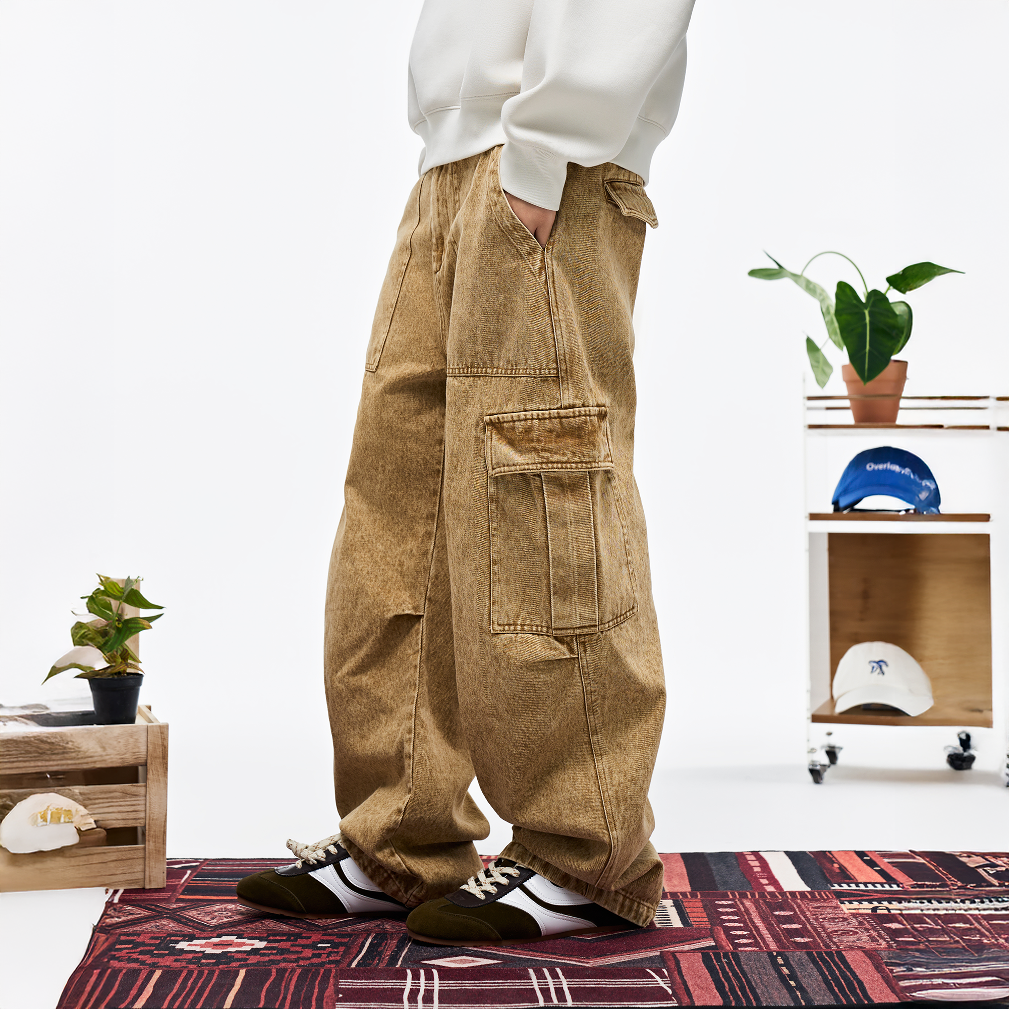 OVERLAPS Washed Utility Cargo Trousers-Pants-S-Free Shipping Leatheretro