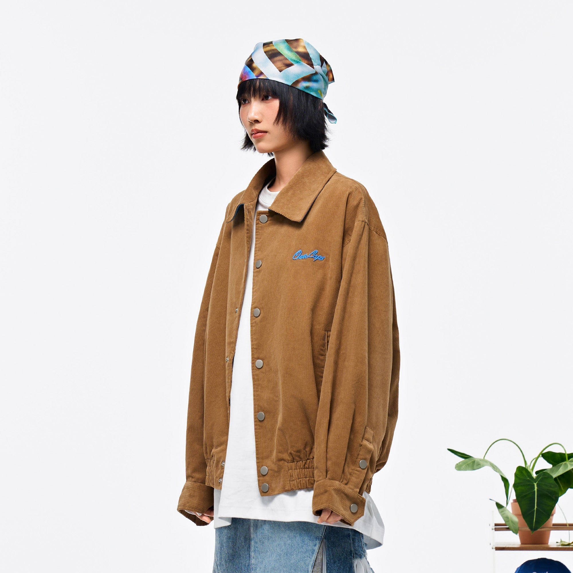 OVERLAPS Embroidered LOGO Utility Snap Jacket-Jacket-S-Blue-Free Shipping Leatheretro