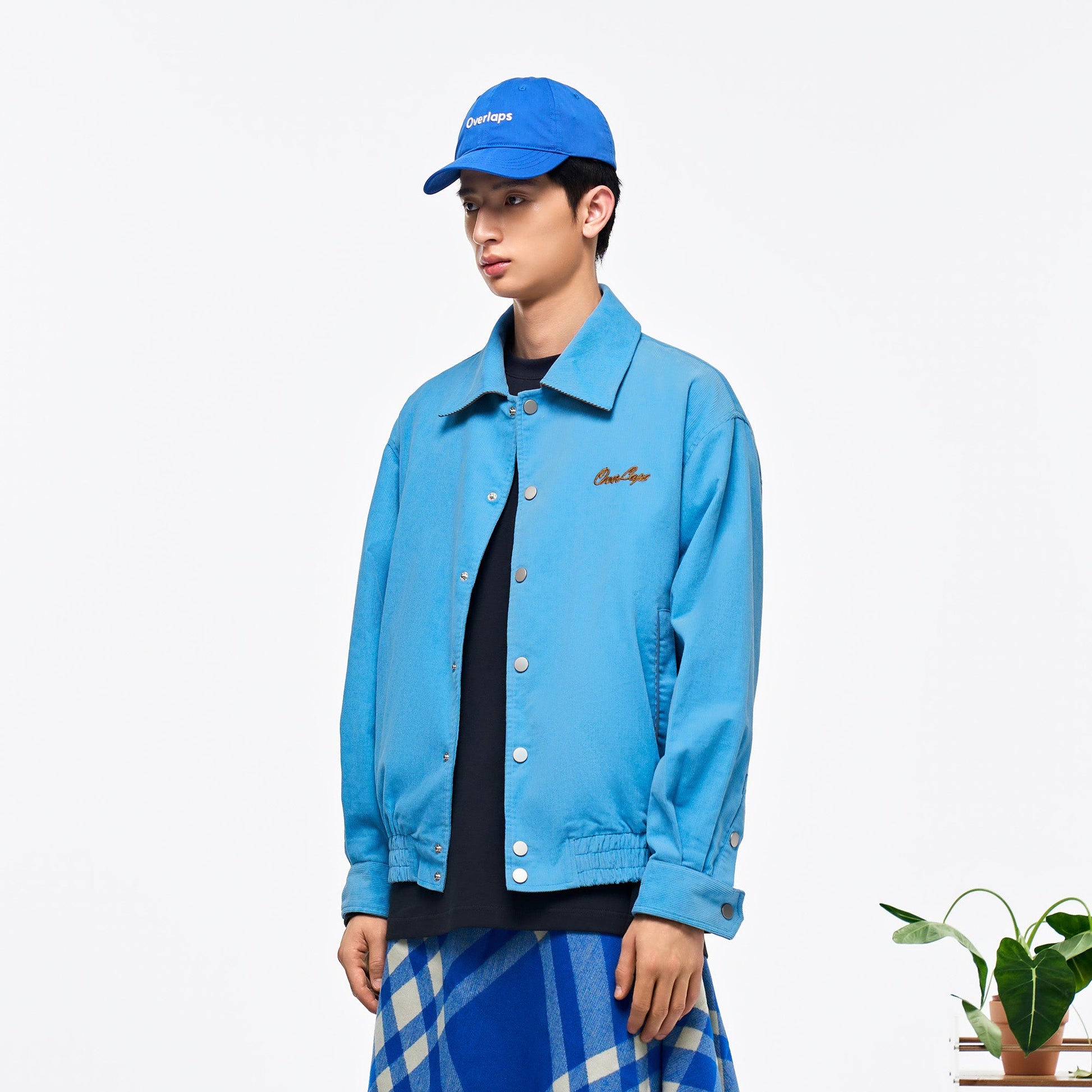 OVERLAPS Embroidered LOGO Utility Snap Jacket-Jacket-S-Blue-Free Shipping Leatheretro
