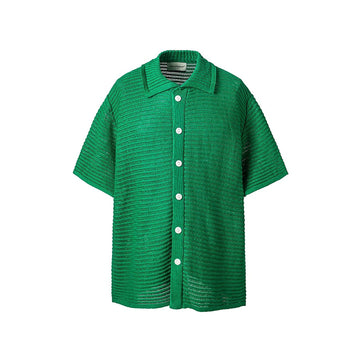 ME DA IGUAL Essential Striped Mesh Button-Up Half Shirt-Half shirt-M-Free Shipping Leatheretro