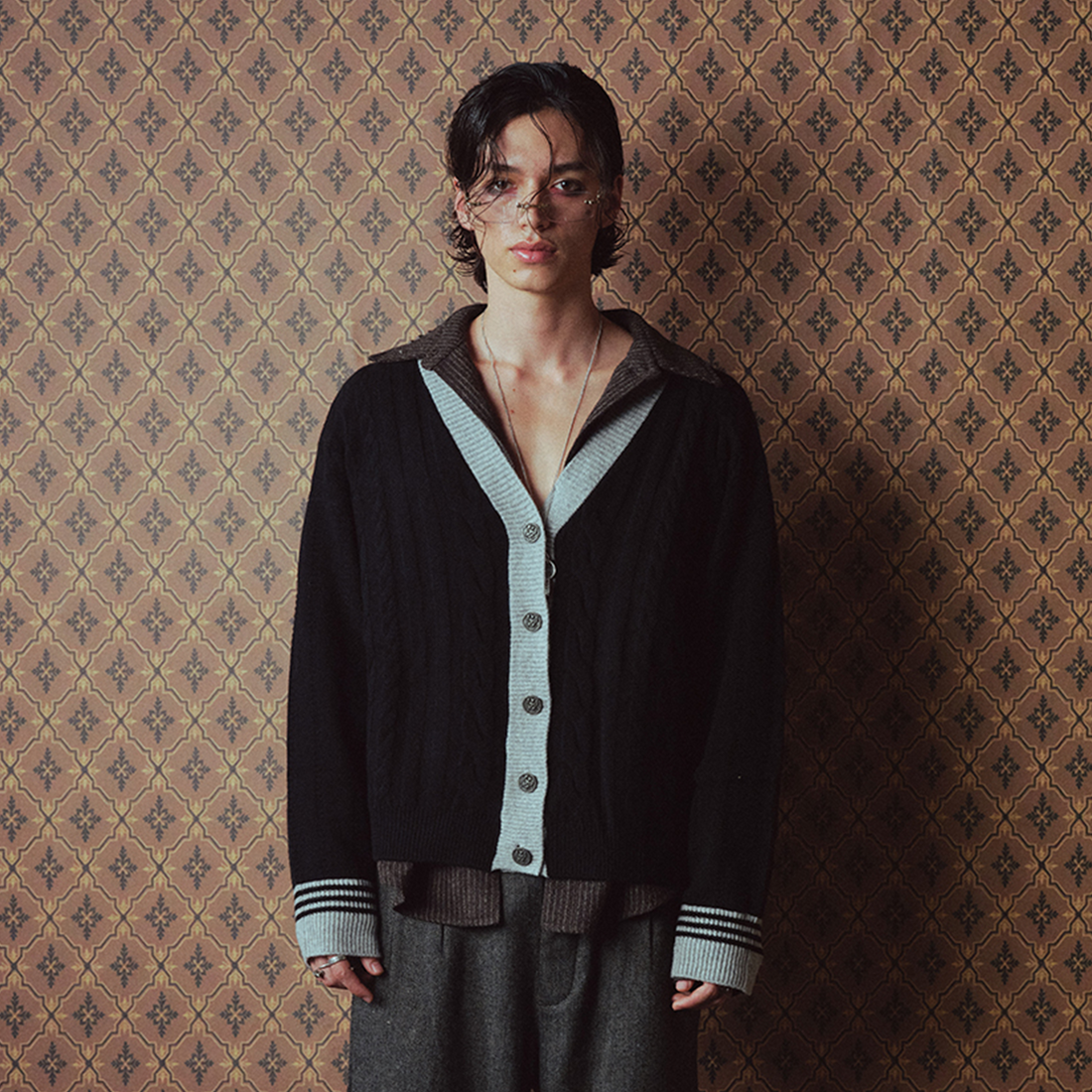 RICHILL Contrast Trim Cable Knit Cardigan-Sweater-S-Free Shipping Leatheretro