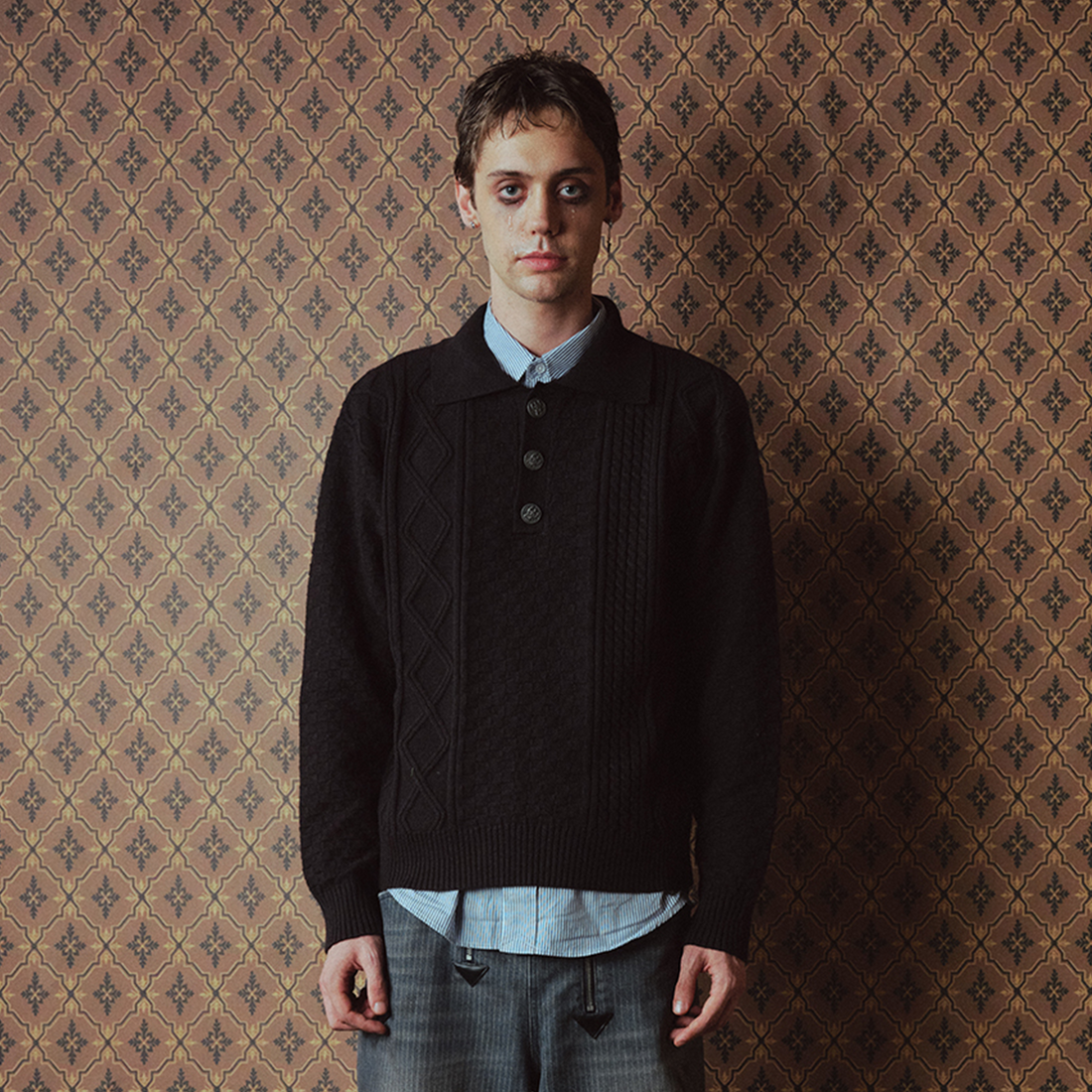 RICHILL Classic Mental-Button Cable Polo Sweater-Sweater-S-Black-Free Shipping Leatheretro