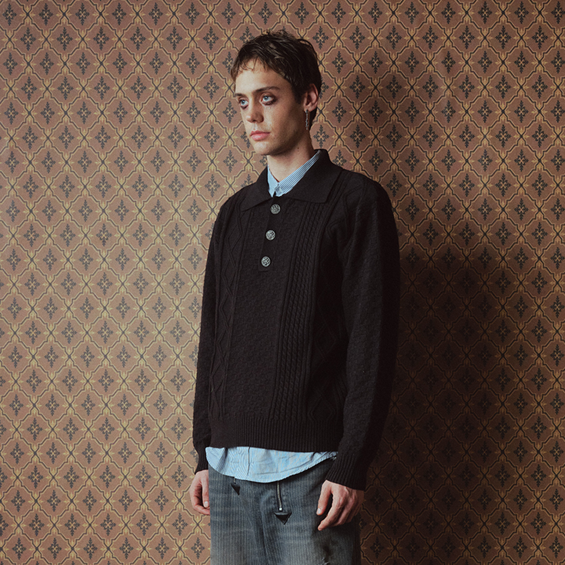 RICHILL Classic Mental-Button Cable Polo Sweater-Sweater-S-Black-Free Shipping Leatheretro