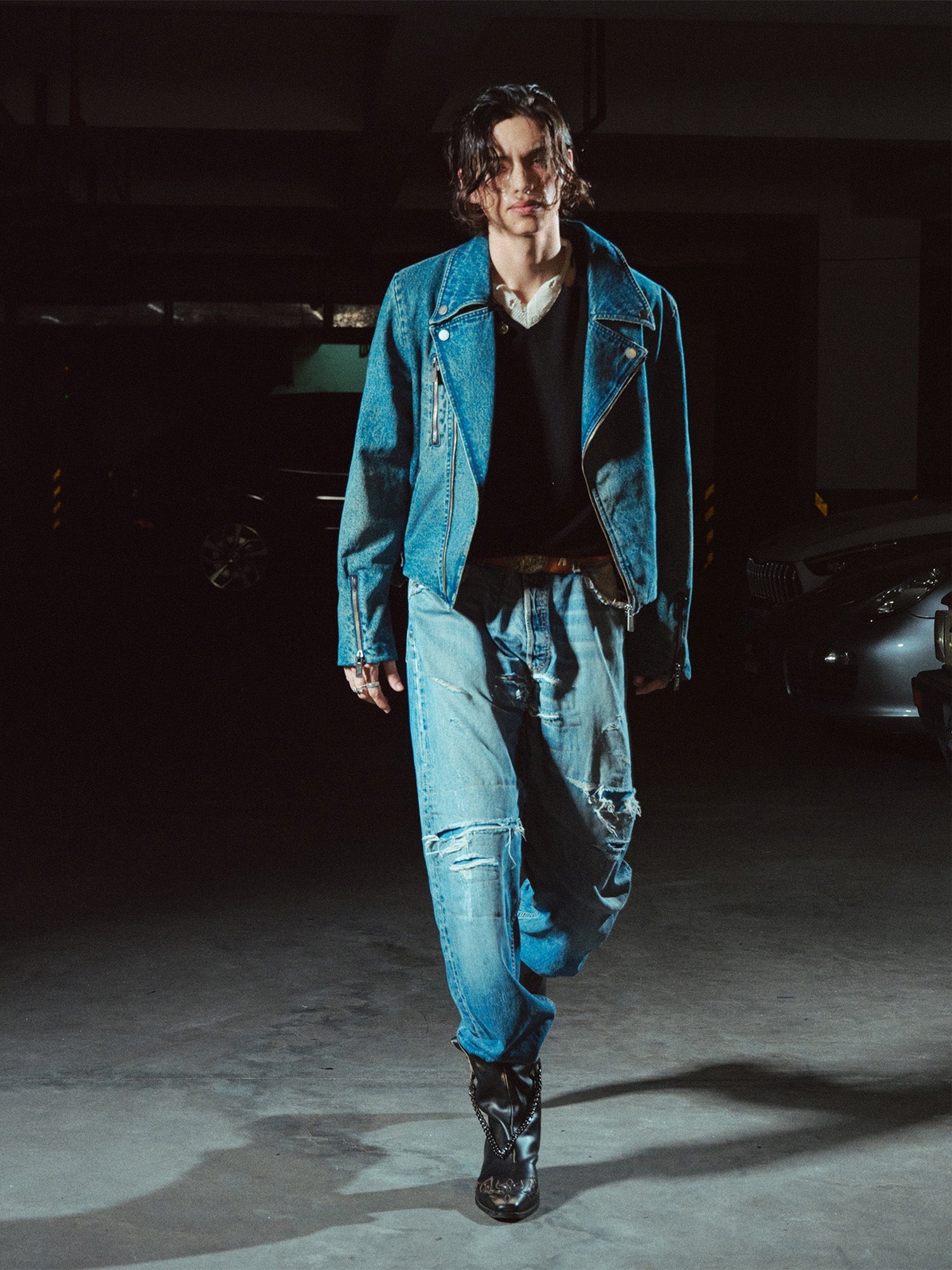 RICHILL Washed Multi-Zip Short Denim Biker Jacket-Jacket-S (Preorder)-Free Shipping Leatheretro