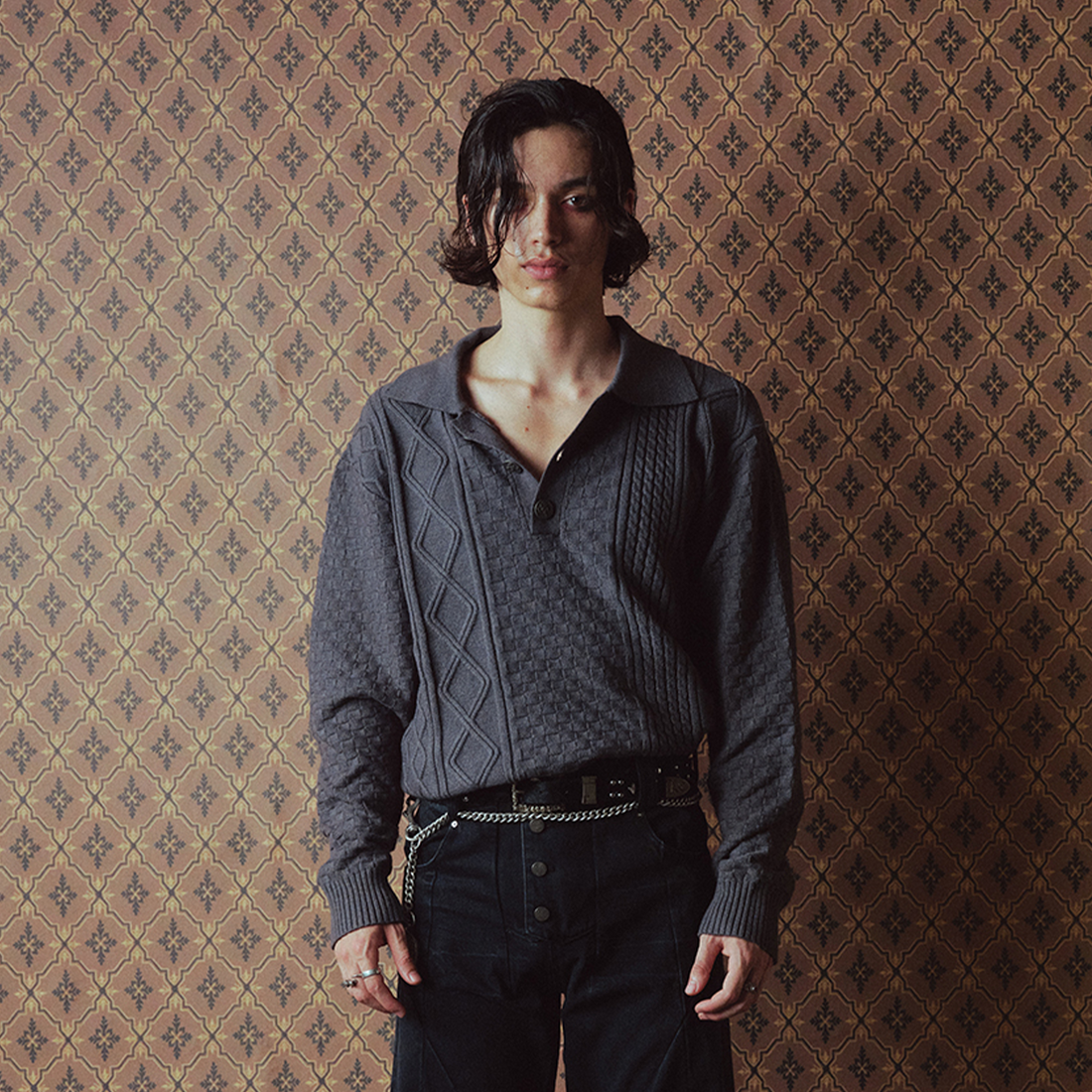 RICHILL Classic Mental-Button Cable Polo Sweater-Sweater-S-Black-Free Shipping Leatheretro