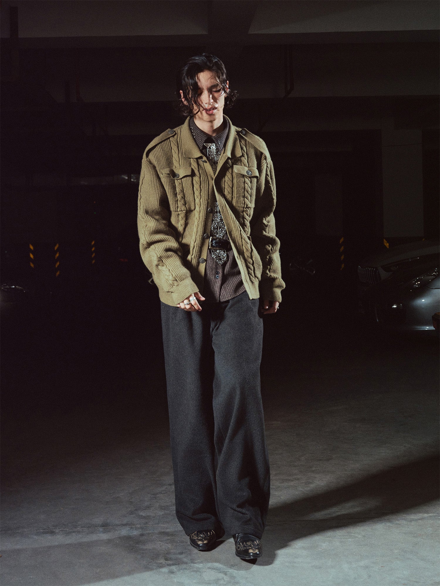 RICHILL Epaulet Multi-Pocket Cable Knit Jacket-Jacket-S-Free Shipping Leatheretro