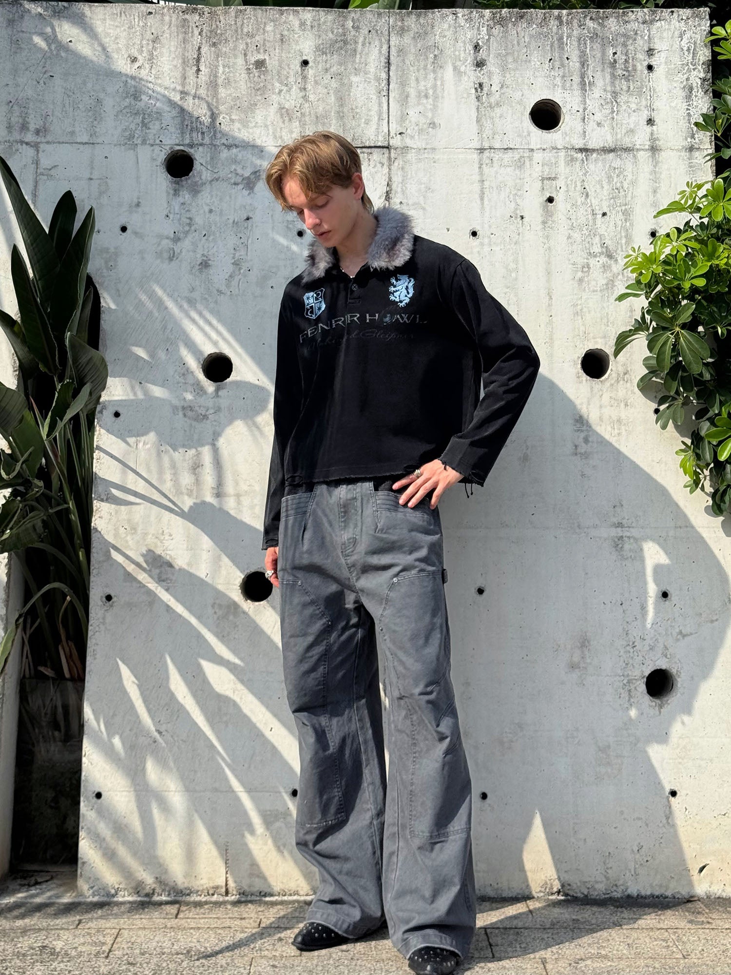 ESAIAS Detachable Faux Fur Collar Embroidered Long-Sleeve Tee-L/S Tee-S (Preorder)-Free Shipping Leatheretro