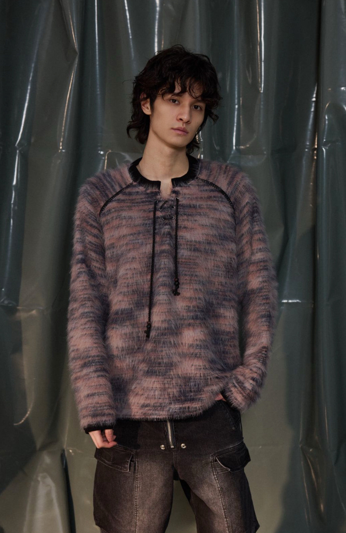 RECOVER ZONE Striped Mohair Drawstring Sweater-Sweater-S-Free Shipping Leatheretro