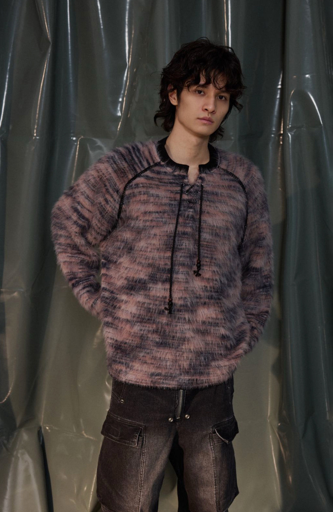 RECOVER ZONE Striped Mohair Drawstring Sweater-Sweater-S-Free Shipping Leatheretro