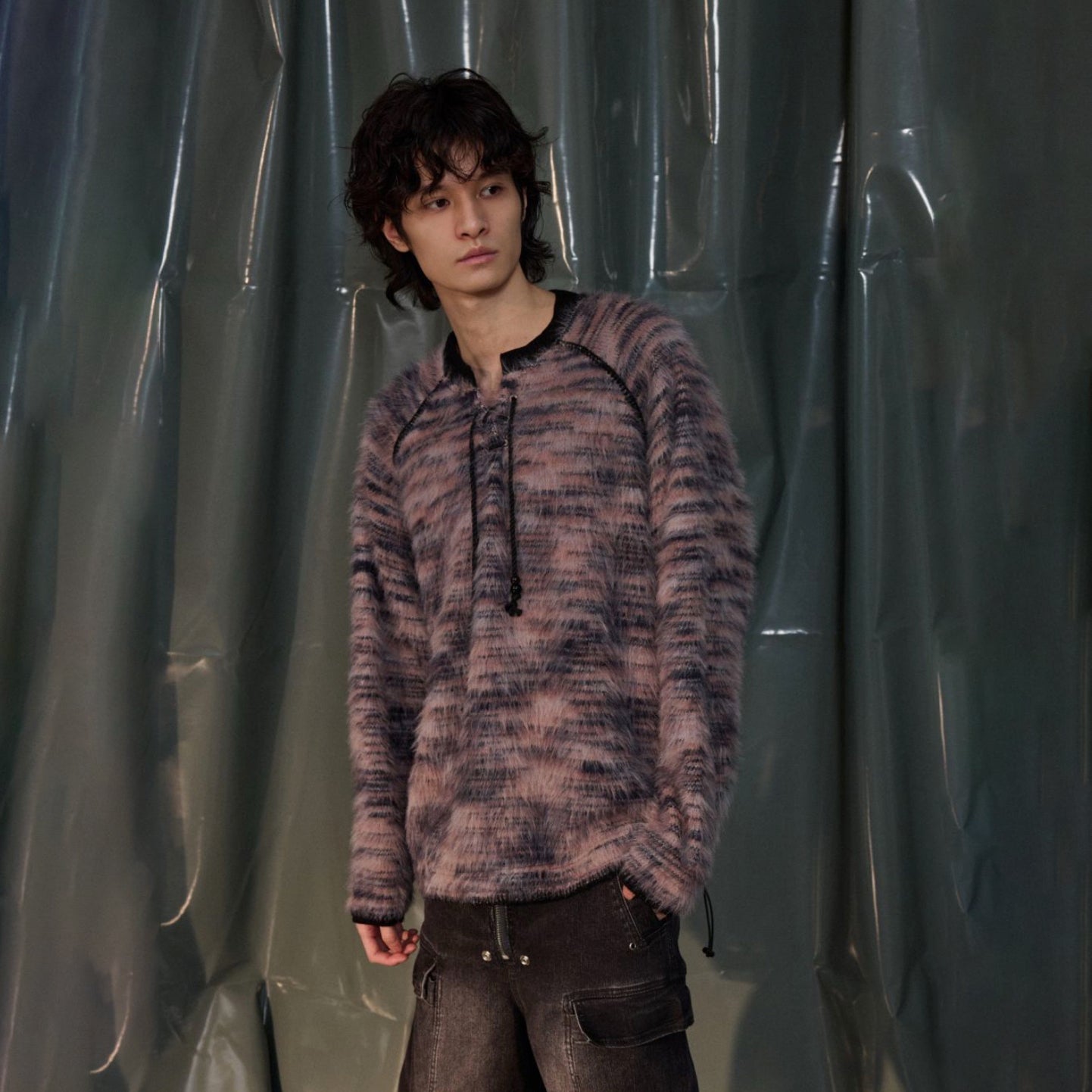 RECOVER ZONE Striped Mohair Drawstring Sweater-Sweater-S-Free Shipping Leatheretro