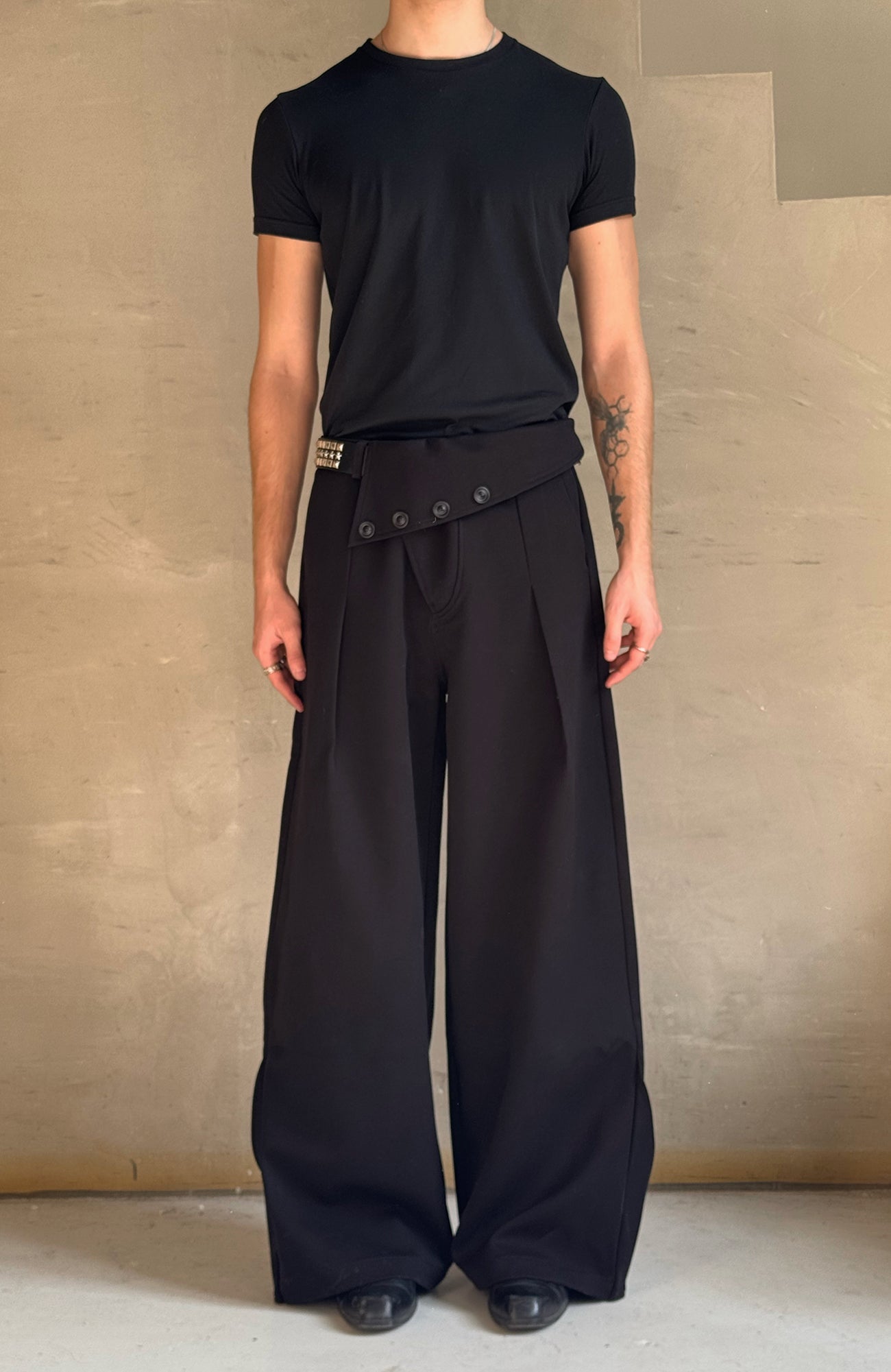 ESAIAS Foldover Waist Pleated Wide-Leg Trousers-Pants-S-Free Shipping Leatheretro