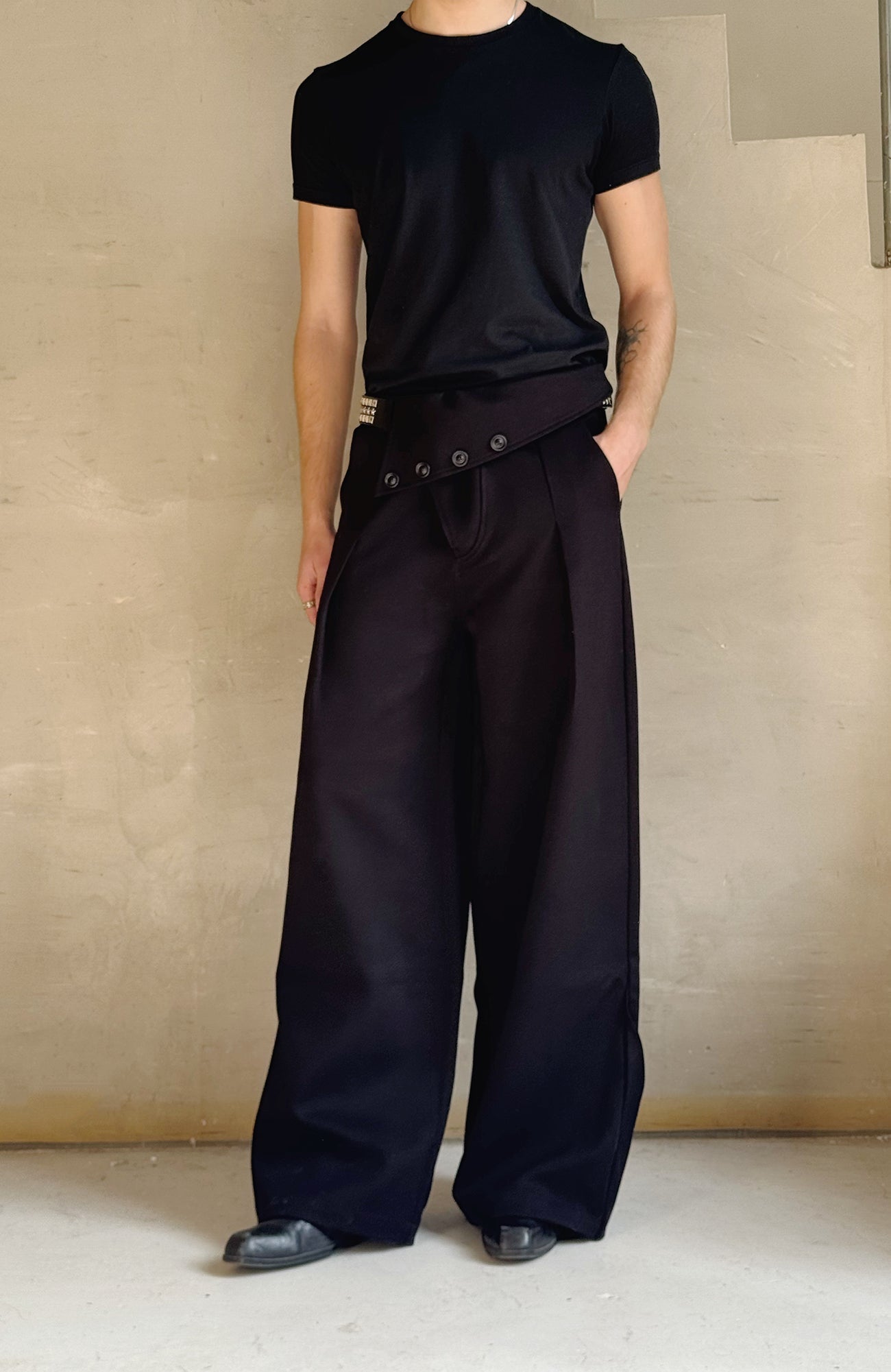 ESAIAS Foldover Waist Pleated Wide-Leg Trousers-Pants-S-Free Shipping Leatheretro