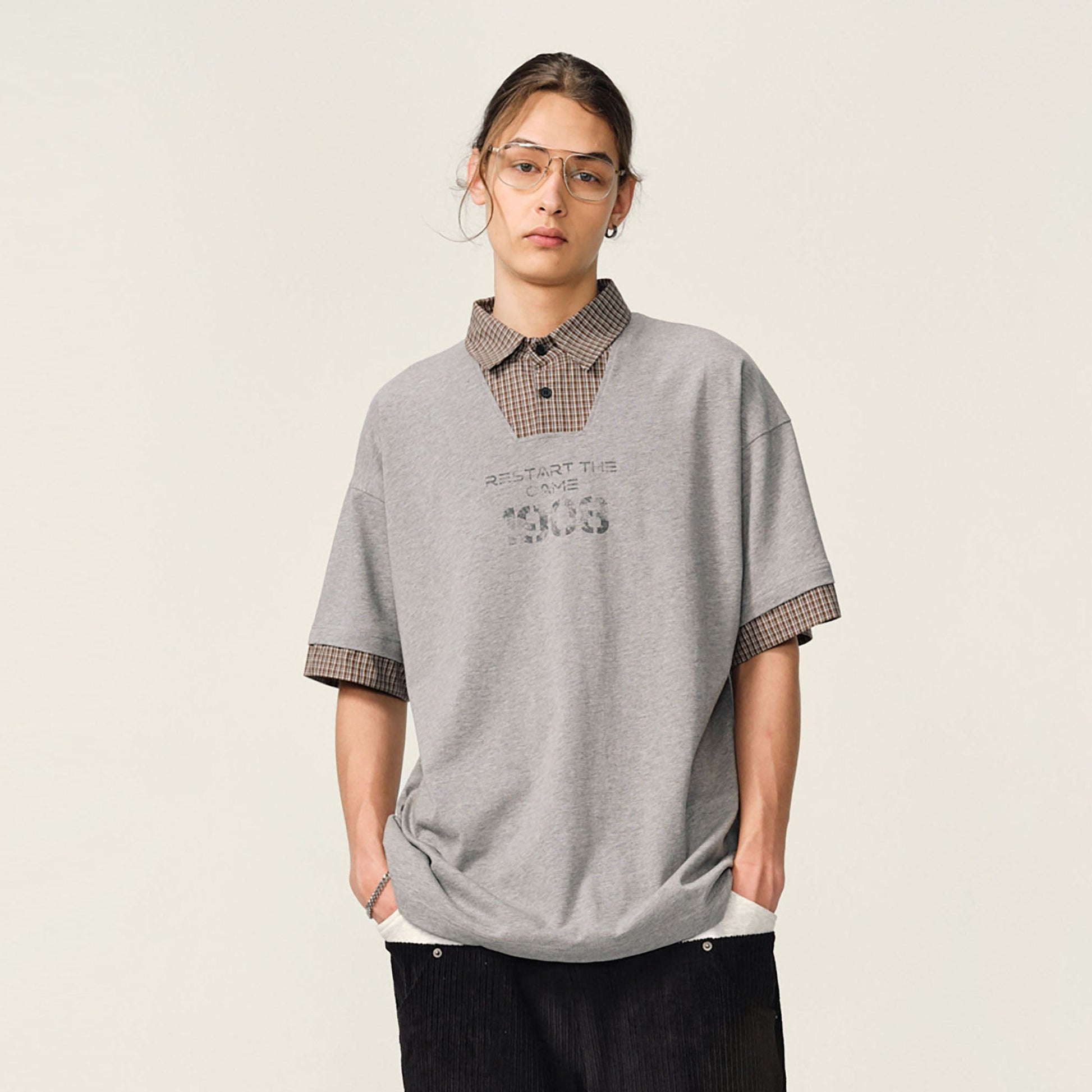 OVDY Layered Plaid Panel Mock Shirt T-Shirt-T Shirt-Gray-S-Free Shipping Leatheretro