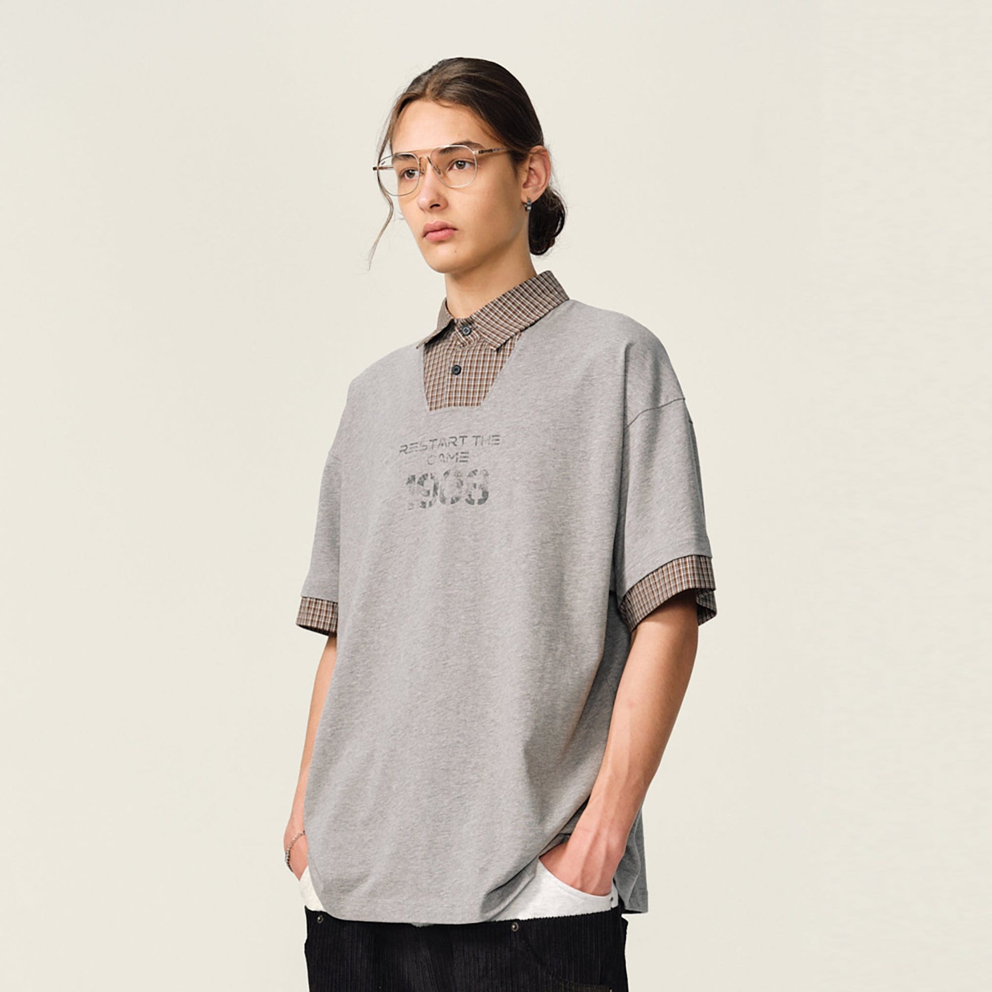 OVDY Layered Plaid Panel Mock Shirt T-Shirt-T Shirt-Black-S-Free Shipping Leatheretro