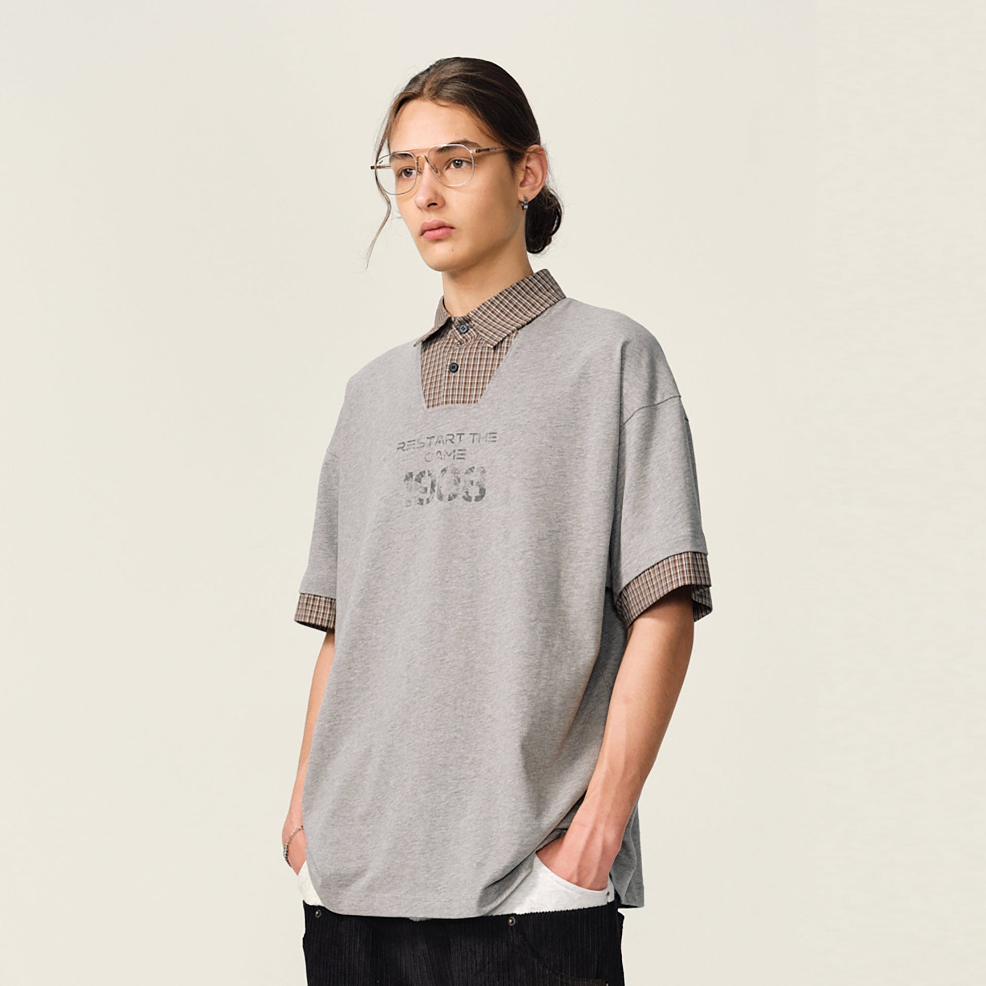 OVDY Layered Plaid Panel Mock Shirt T-Shirt-T Shirt-Black-S-Free Shipping Leatheretro