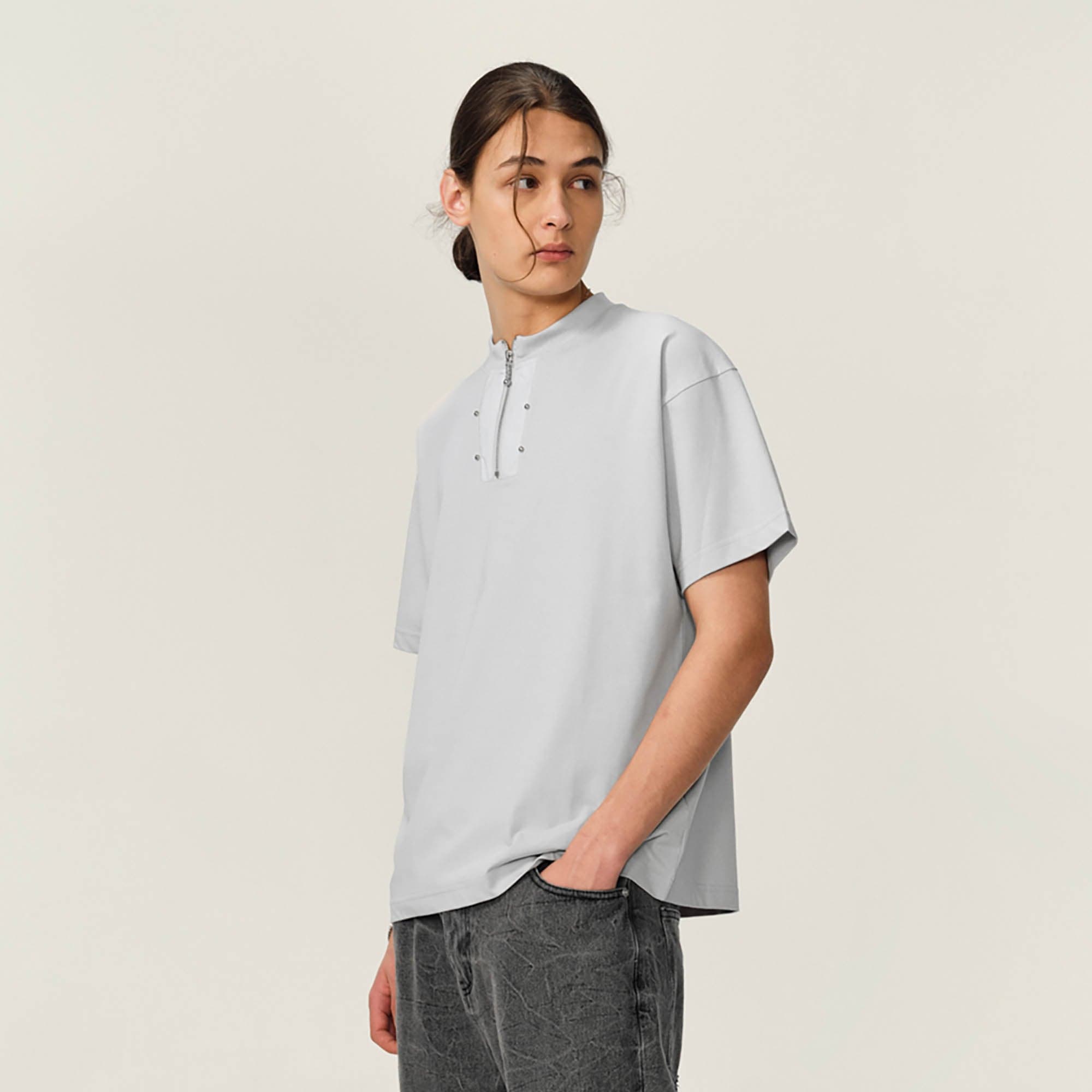 OVDY Half-Zip Rivet Sorona T-Shirt-T Shirt-S-Gray-Free Shipping Leatheretro