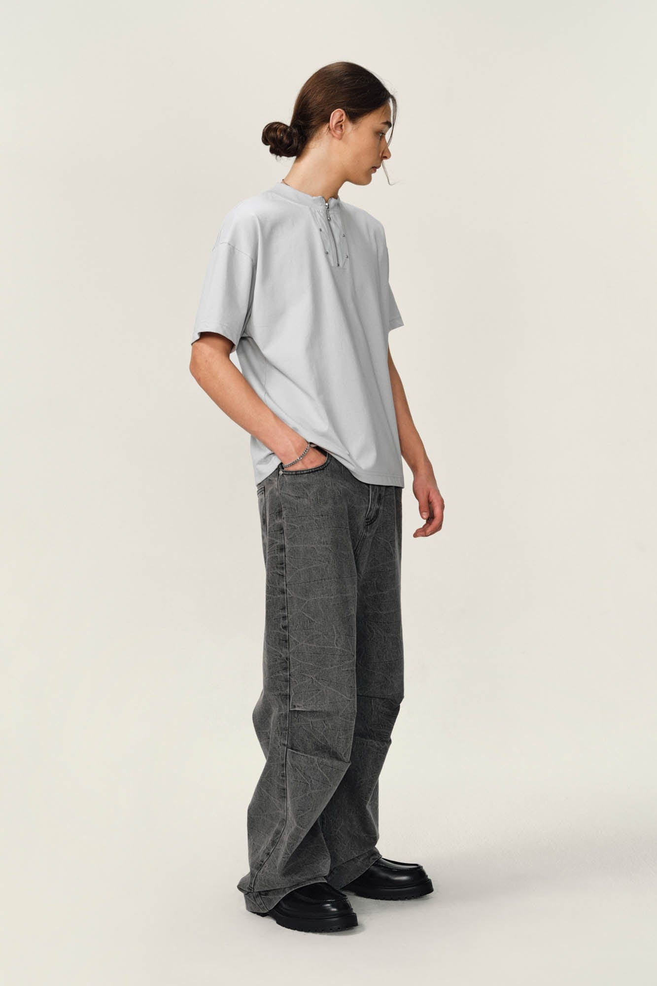 OVDY Half-Zip Rivet Sorona T-Shirt-T Shirt-S-Gray-Free Shipping Leatheretro