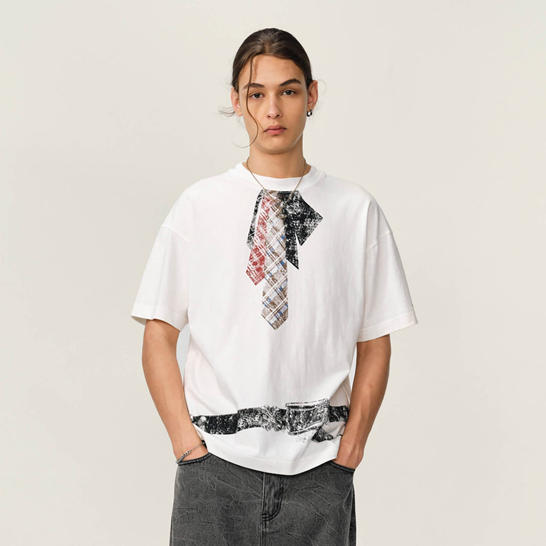 OVDY Tie-Belt Graphic T-Shirt-T Shirt-S-Gray-Free Shipping Leatheretro