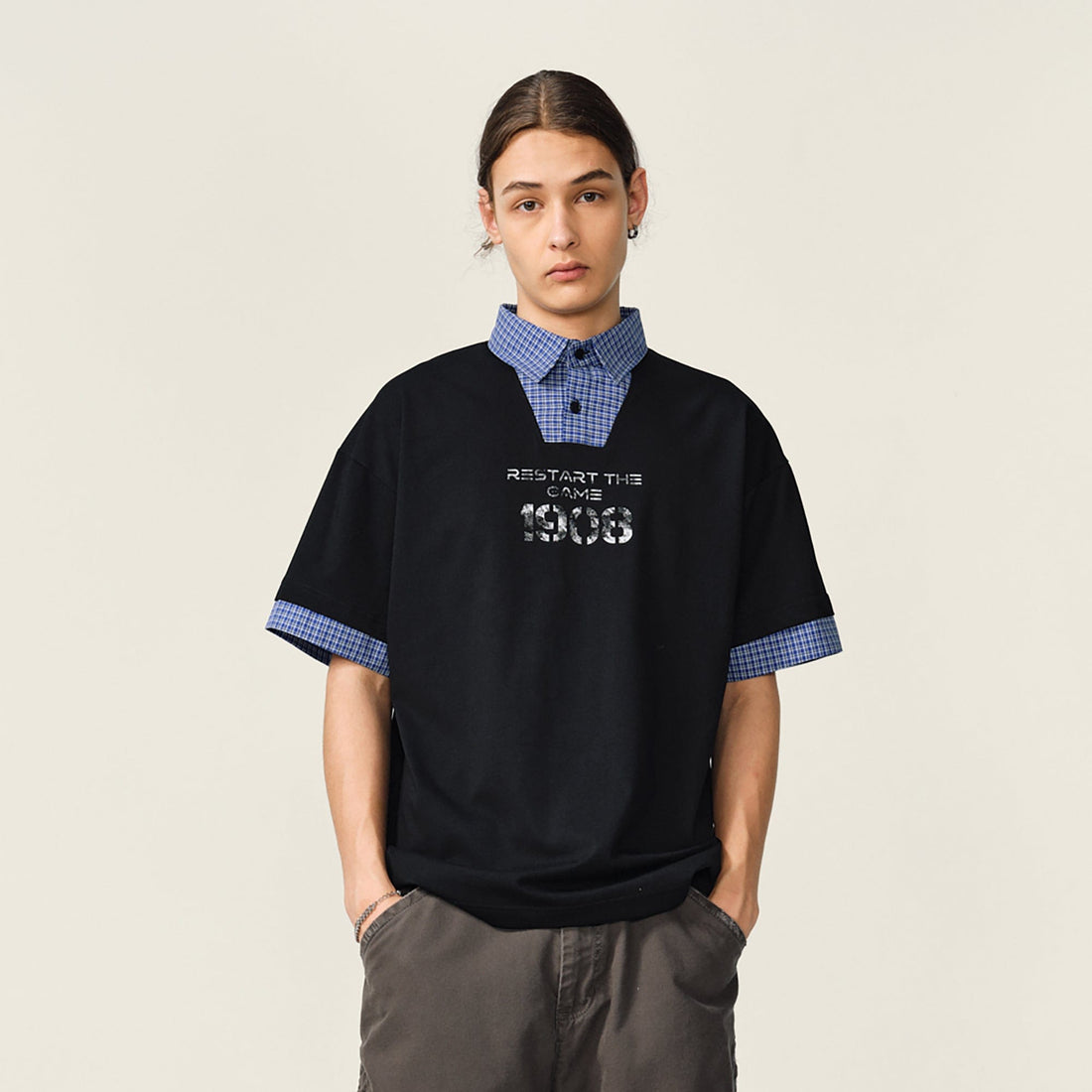 OVDY Layered Plaid Panel Mock Shirt T-Shirt-T Shirt-Black-S-Free Shipping Leatheretro