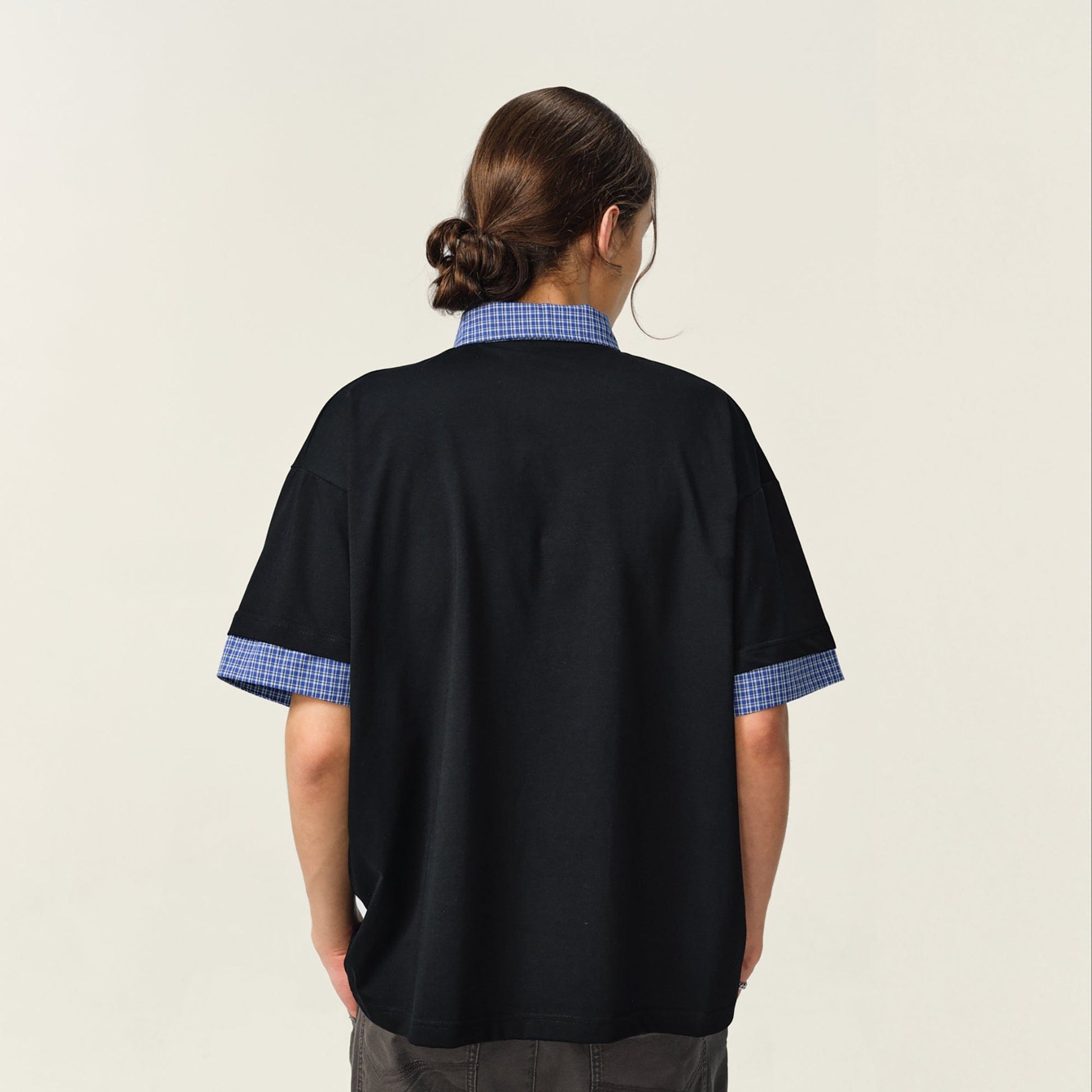 OVDY Layered Plaid Panel Mock Shirt T-Shirt-T Shirt-Black-S-Free Shipping Leatheretro
