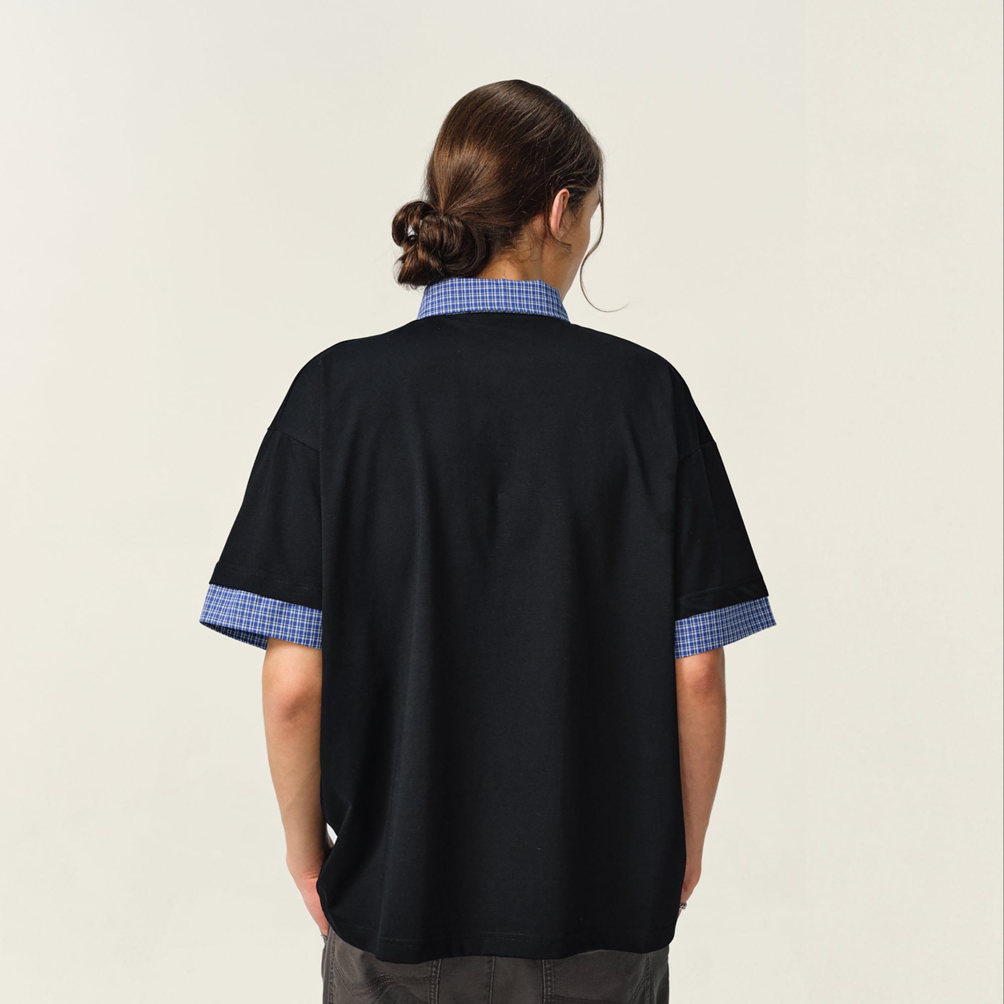 OVDY Layered Plaid Panel Mock Shirt T-Shirt-T Shirt-Black-S-Free Shipping Leatheretro