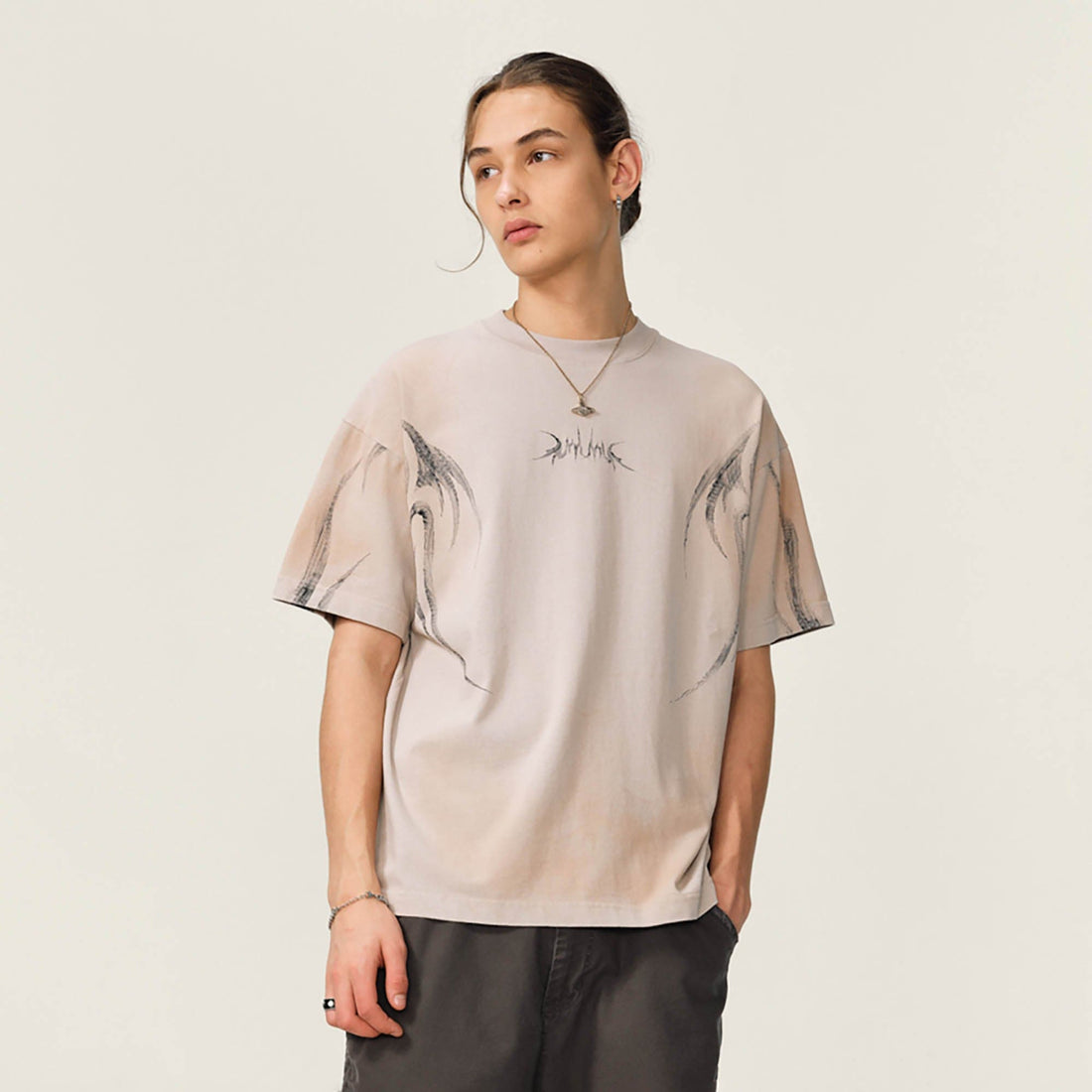 OVDY Tribal Flame Smoke-Washed T-Shirt-T Shirt-S-Apricot-Free Shipping Leatheretro