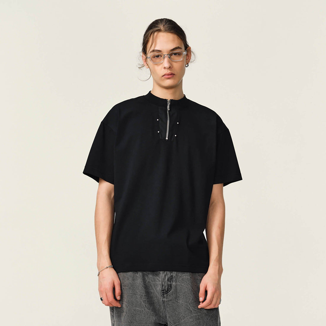 OVDY Half-Zip Rivet Sorona T-Shirt-T Shirt-S-Gray-Free Shipping Leatheretro